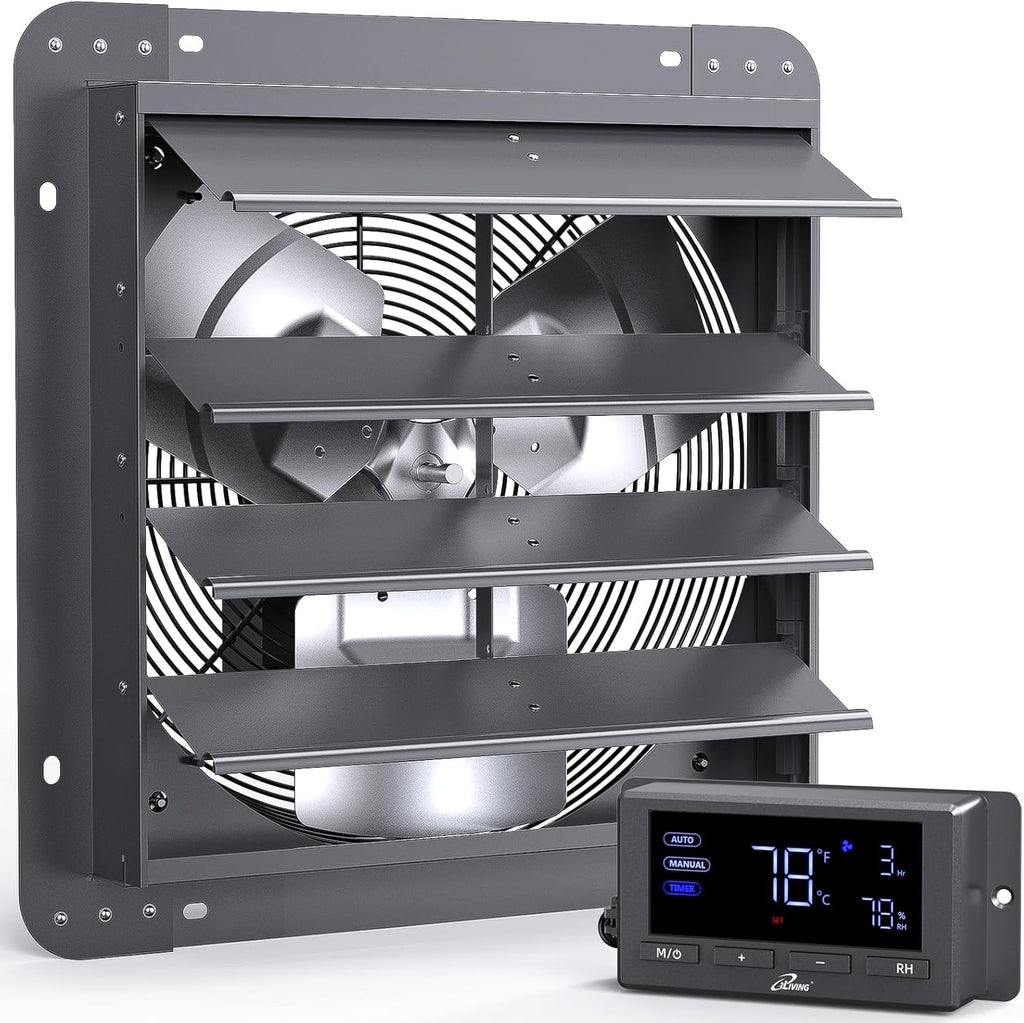 iLiving 16" Wall Mounted Shutter Exhaust Fan, Automatic Shutter, Temperature and Humidity Controls with Variable Speed, 1736 CFM at 1600 RPM DC Motor