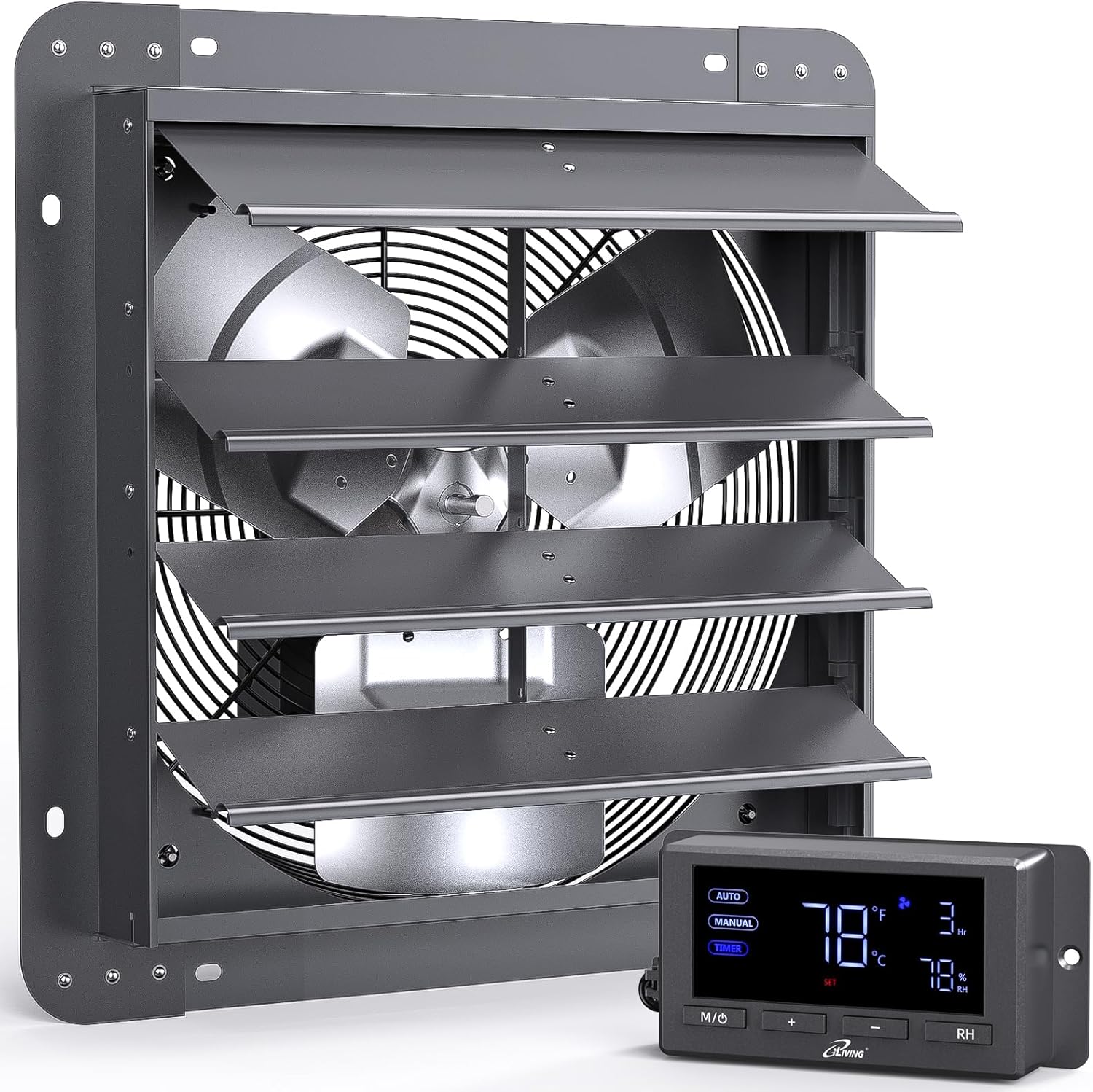 iLiving 16" Wall Mounted Shutter Exhaust Fan, Automatic Shutter, Temperature and Humidity Controls with Variable Speed, 1736 CFM at 1600 RPM DC Motor