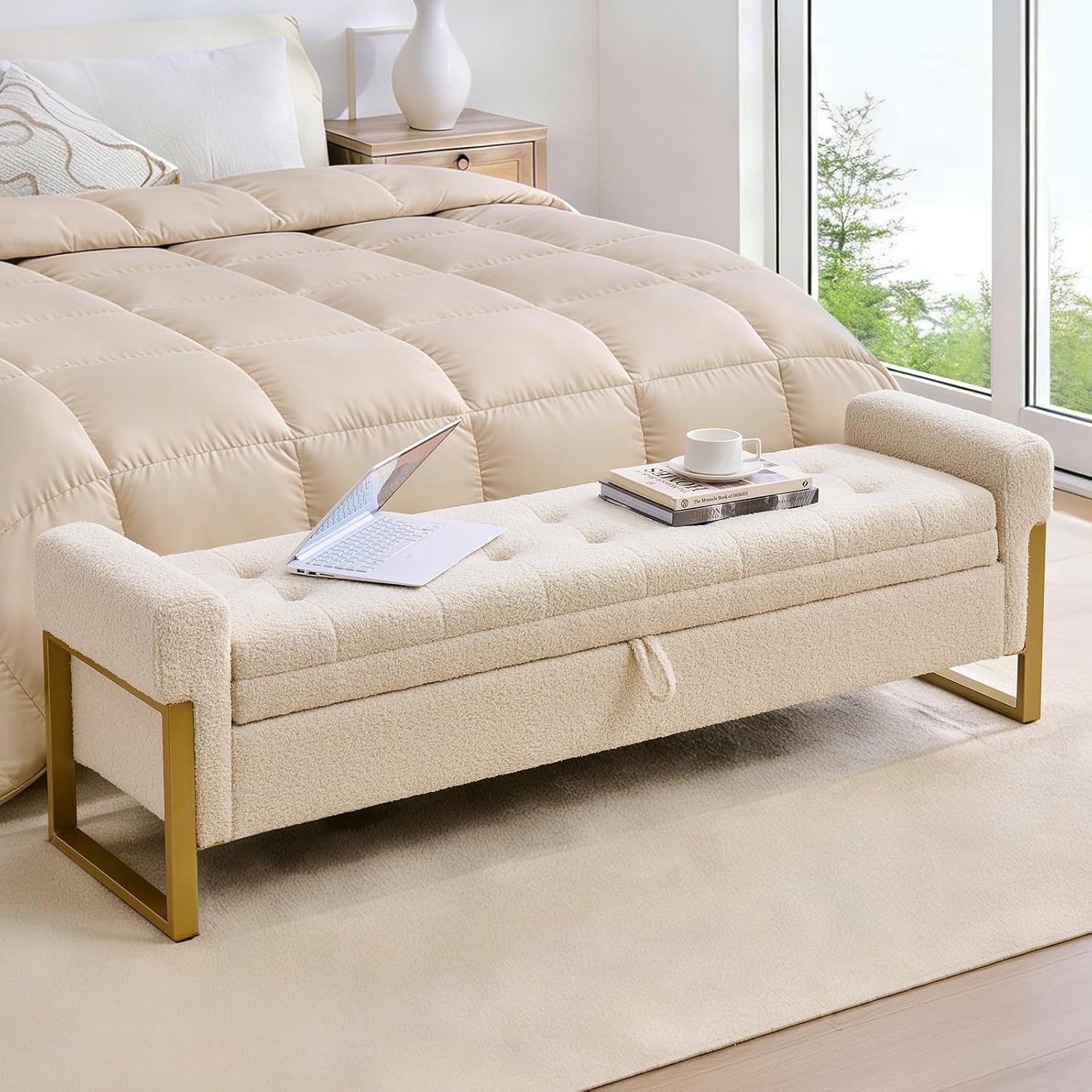 67" Storage Bench for Bedroom, King Size End of Bed Bench, Upholstered Storage Ottoman Bench with Golden Metal Legs, Bedroom Bench for Entryway (Teddy Beige)