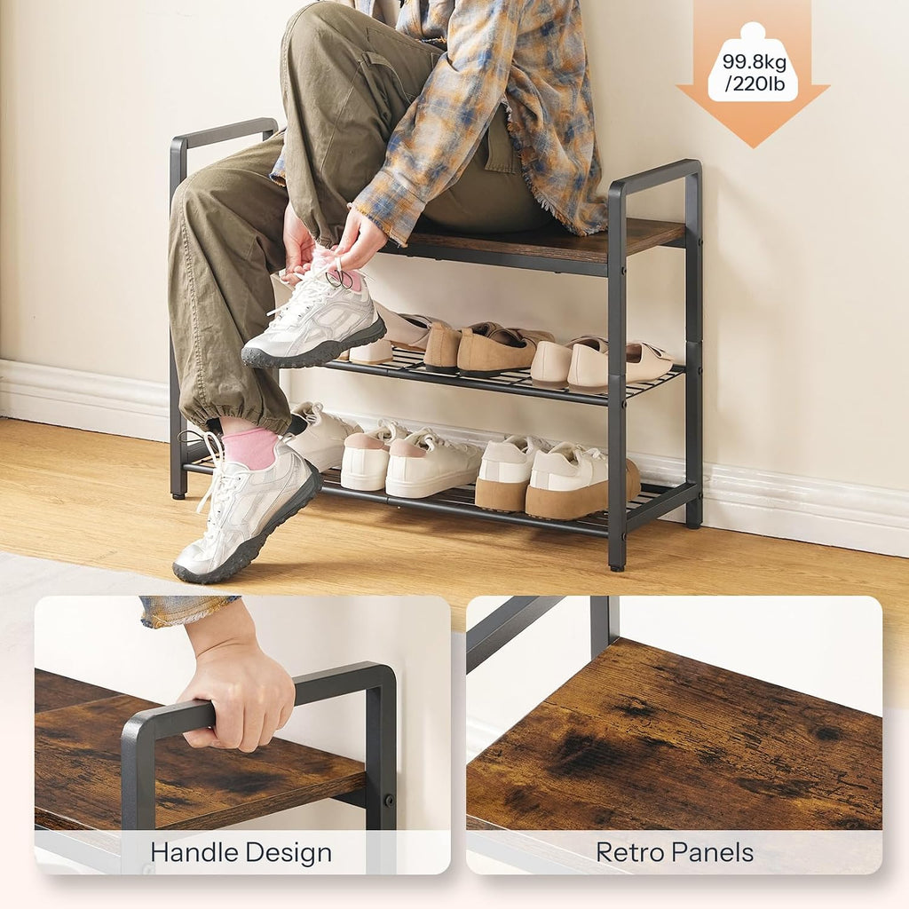 HOOBRO Shoe Rack Bench for Entryway, 3-Tier Industrial Shoe Storage Organizer with Wood Top and Side Handles, 29.5" Freestanding Storage Bench for Small Spaces, 220 lb Capacity, Rustic Brown BF32HX01