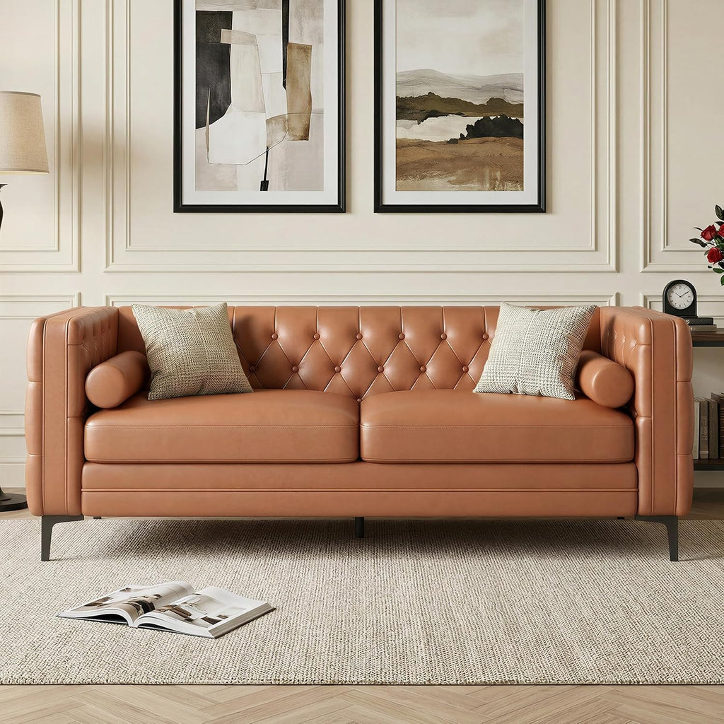 Luxanimarion Faux Leather Couch for Living Room, Mid-Century Modern Sofa with Button Tufting, Metal Legs and 2 Bolster Pillows, Comfortable Deep Seat for Apartment, Office, Caramel 1 PCS