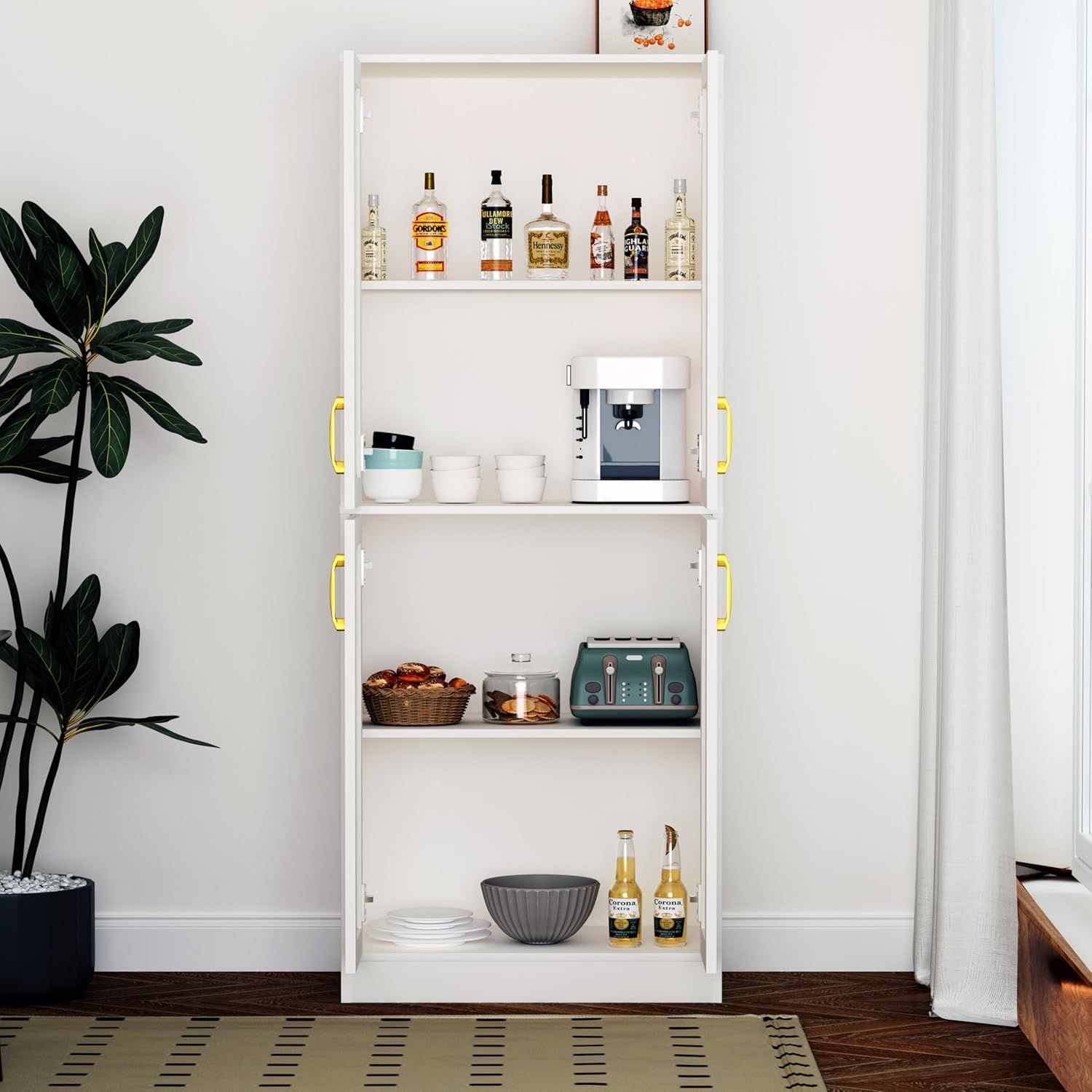 Kitchen Pantry Cabinet,Modern Storage Cabinet with 4 Door and 4 Adjustable Shelves,Tall Cabinet for Kitchen,Dining Room,Laundry,White