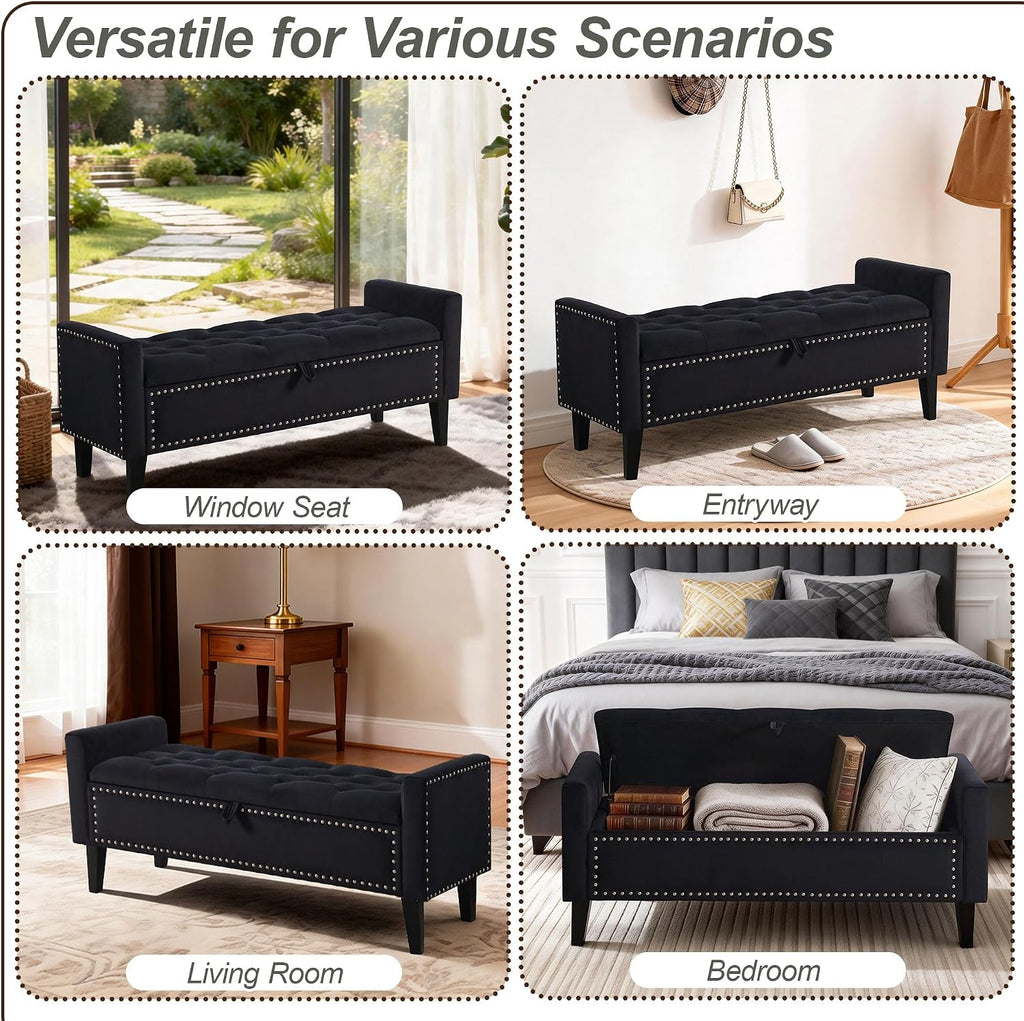 47in Velvet Storage Ottoman Bench with Arms, Upholstered Storage Bench with Wooden Legs, Storage Bench for Bedroom, Living Room, Entryway, Black