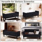 47in Velvet Storage Ottoman Bench with Arms, Upholstered Storage Bench with Wooden Legs, Storage Bench for Bedroom, Living Room, Entryway, Black