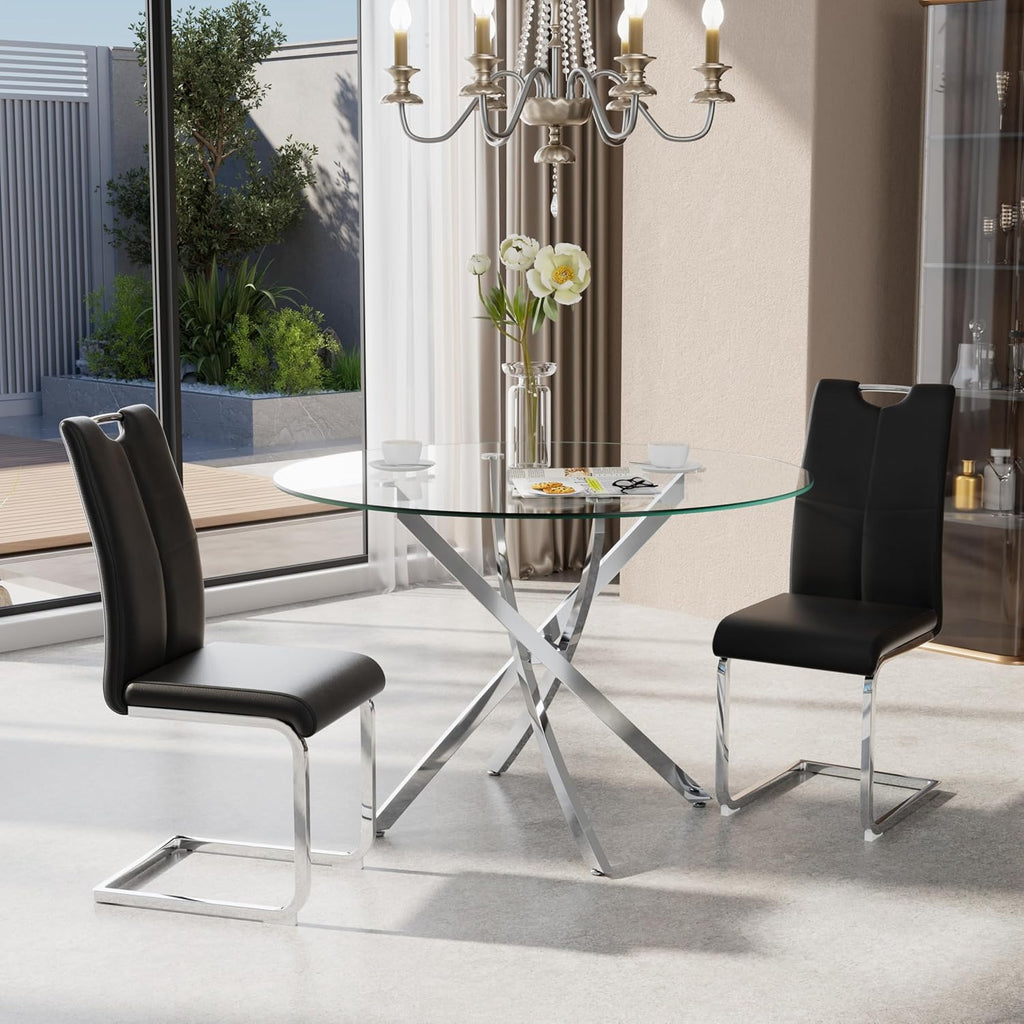 36-Inch Round Tempered Glass Dining Table for 2-4 Person Space-Saving Small Kitchen Table with Heavy-Duty Metal Legs Perfect for Dining Room, Apartment, Condo (Silver)