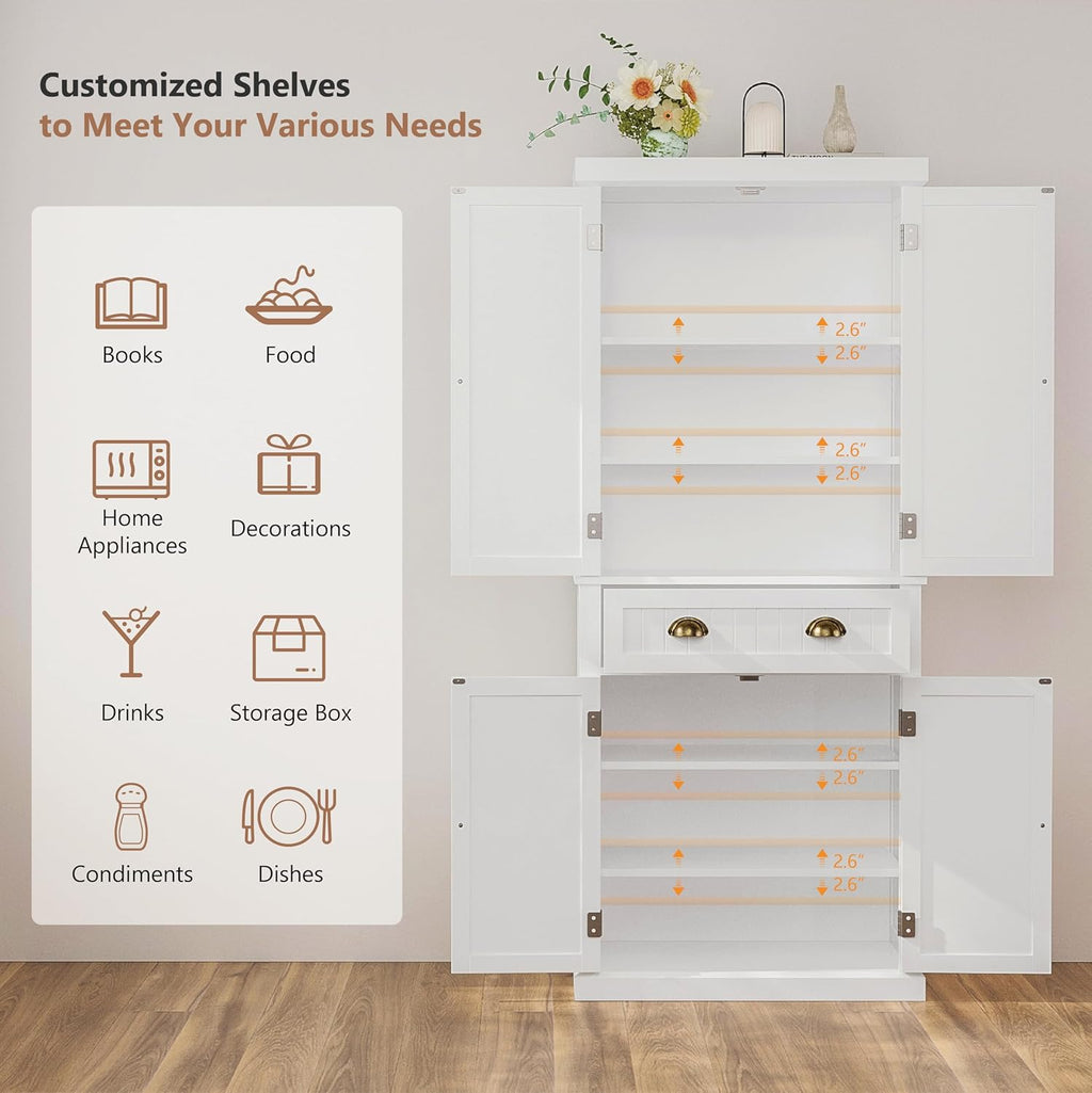 72" Kitchen Pantry,Tall Storage Cabinets with Doors and Shelves,Freestanding Pantry Cabinet for Bathroom,Dining Room and Living Room (Standard White)