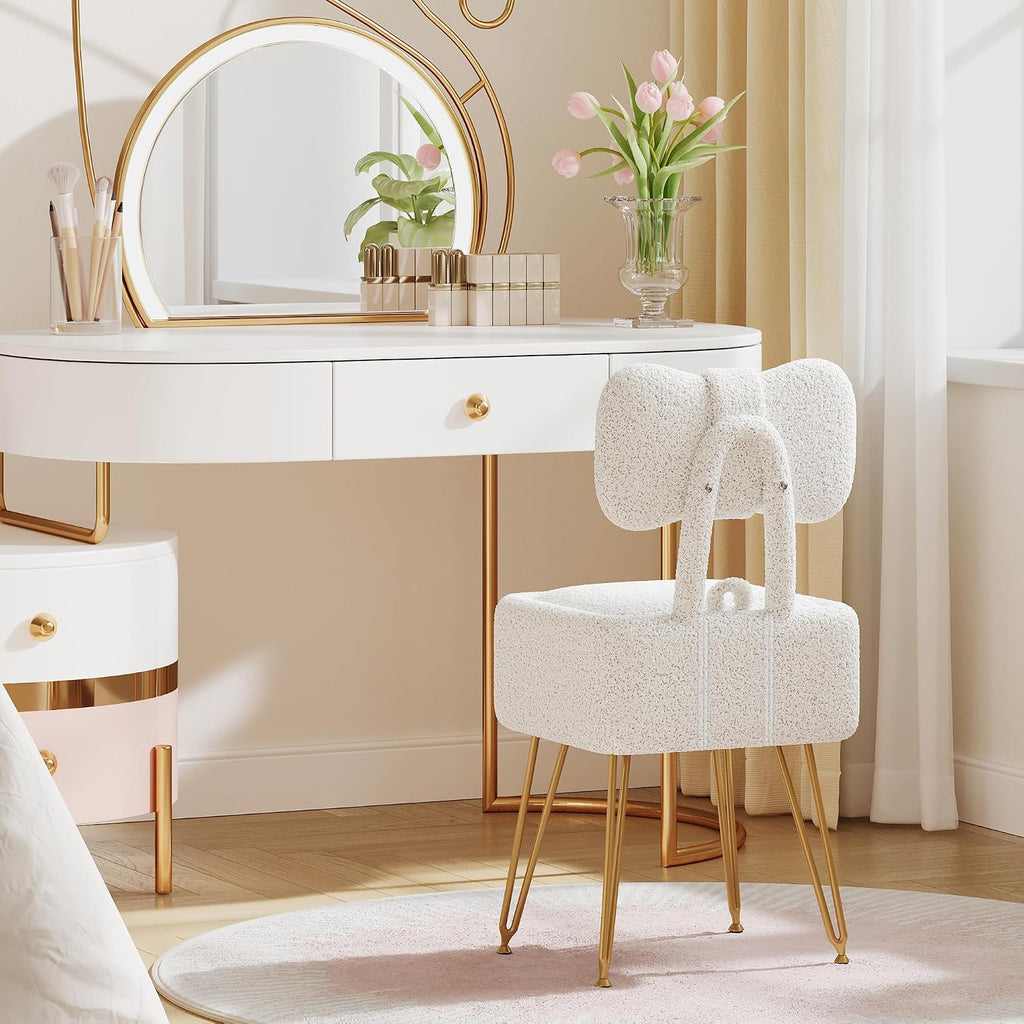 Small Vanity Chair with Storage, Vanity Stool with Folding Back, Chair for Vanity, Footrest Footstool Ottoman, Teddy Fleece Vanity Stool for Makeup, Bedroom, Living Room, White