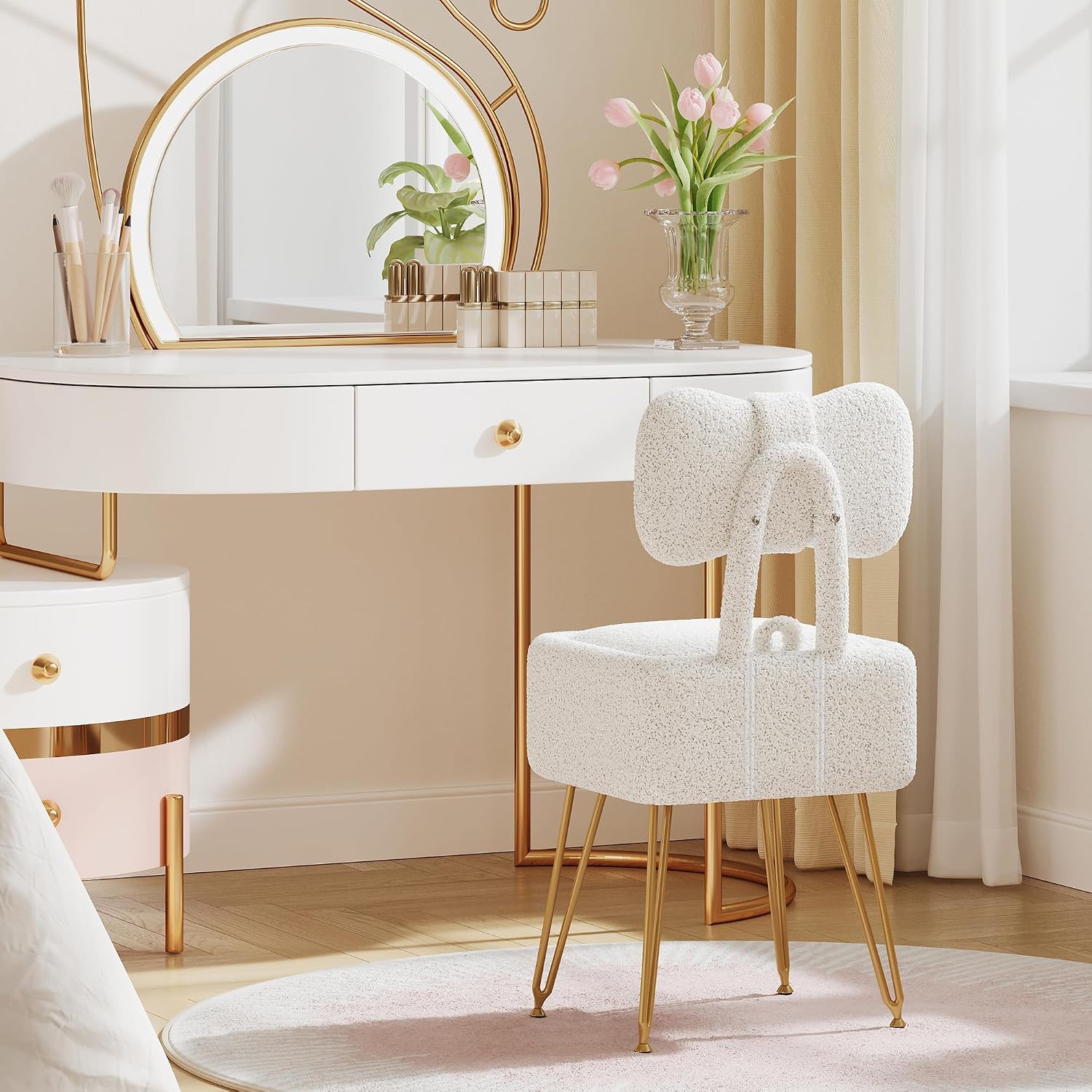Small Vanity Chair with Storage, Vanity Stool with Folding Back, Chair for Vanity, Footrest Footstool Ottoman, Teddy Fleece Vanity Stool for Makeup, Bedroom, Living Room, White