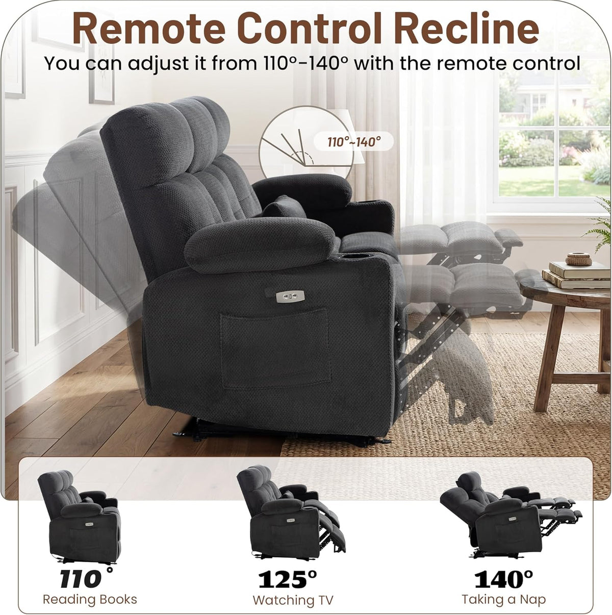 Power Reclining Sofa with Heat and Massage| RV Wall Hugger Recliner Sofa with Electric Tilt | RV 3 Seater Recliner Sofa for Living Room (Sofa Grey)
