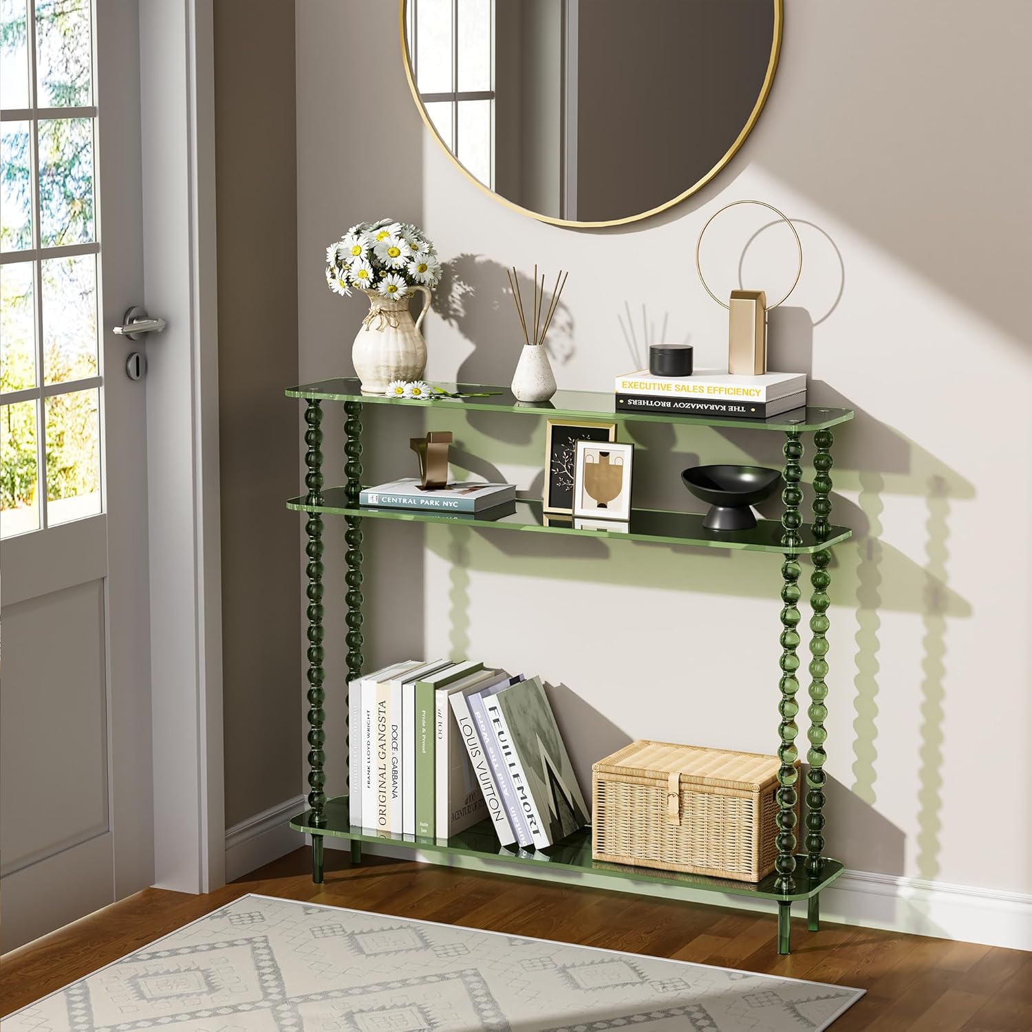 Acrylic Console Table Narrow, 3 Tier Long Entryway Table with Storage, Mid-Century Modern Sofa Table Entry Table for Living Room, Hallway (Green, 39.4“×9.4”×35.4“)