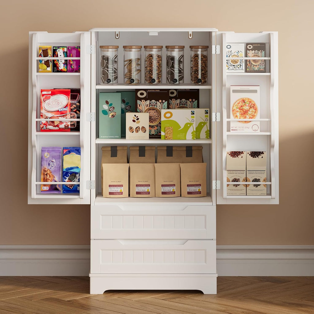 Gizoon Kitchen Pantry Cabinet with Drawers for Ding Room, 47" Small Food Pantry Storage Cabinet with 6 Door Shelves for Snack and Spice, Craft Storage Cabinet for Craft Room, White, Painted