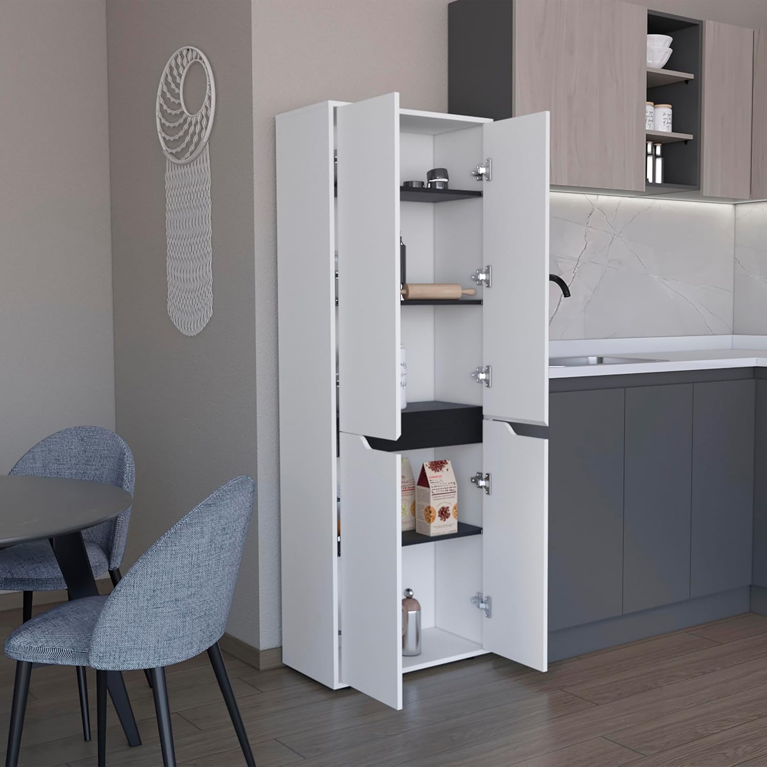 Modern Storage Cabinet Kitchen Pantry Four Doors Five Interior Shelves White Black Accent Kitchen Organizer