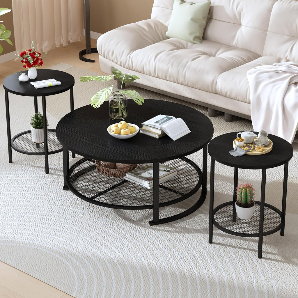 DKLGG 3-Piece Coffee Table and End Table Sets for Living Room, Round Coffee Table Set of 3 with Storage, Modern Farmhouse Rustic Living Room Table Set for Apartment Home Office, Black