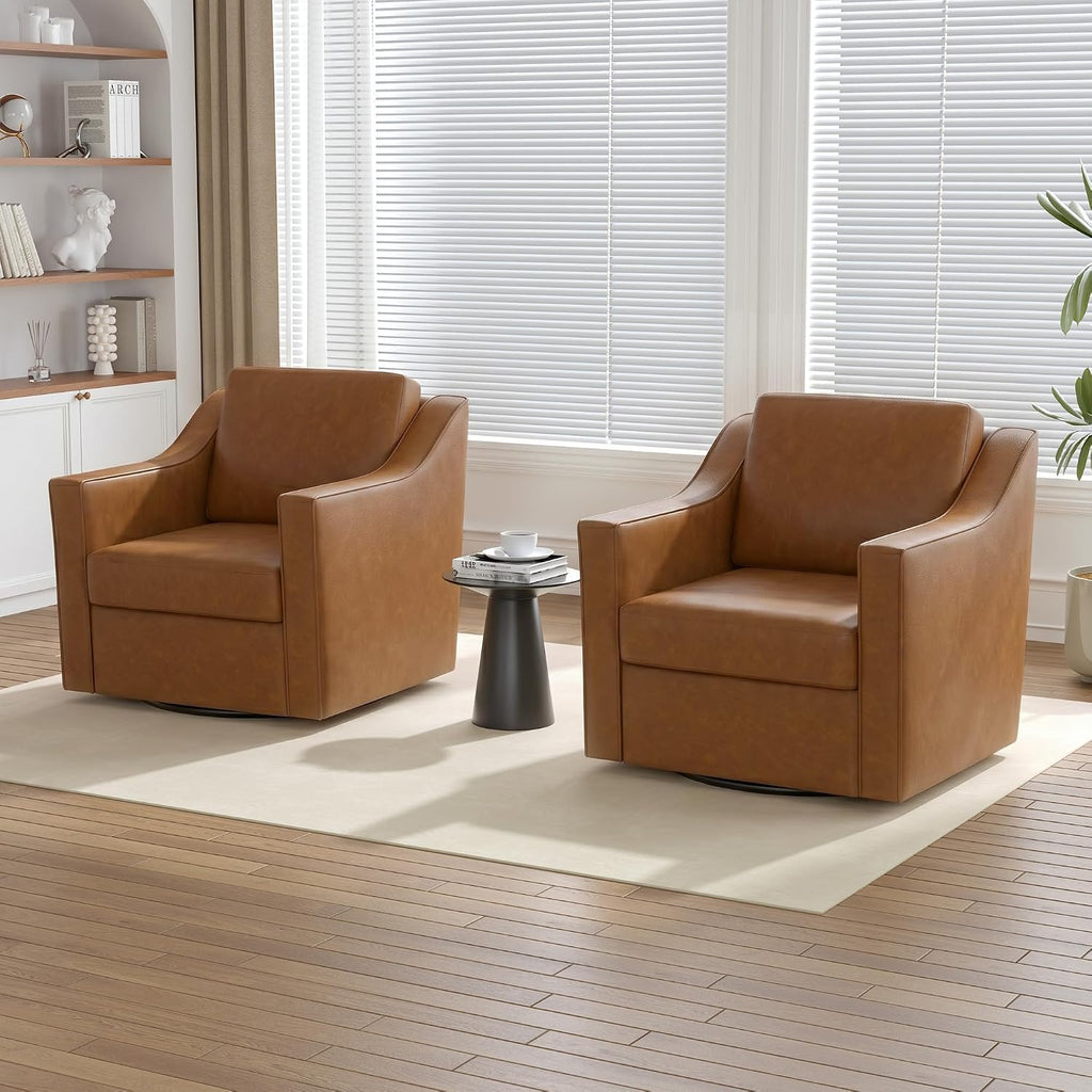 Faux Leather Swivel Accent Barrel Chairs Set of 2, Brown