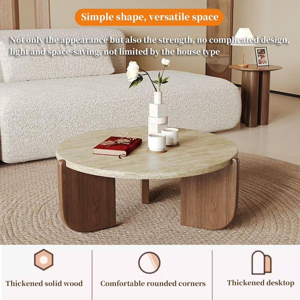 FORRTY Coffee Table,Sofa Table,End Tables, Slate Stone+Solid Wood, Sturdy And Durable,Waterproof And Scratch-resistant,Easy To Install,Suitable For Living Room,Bedroom, Study，balcony Other Spaces(Roun