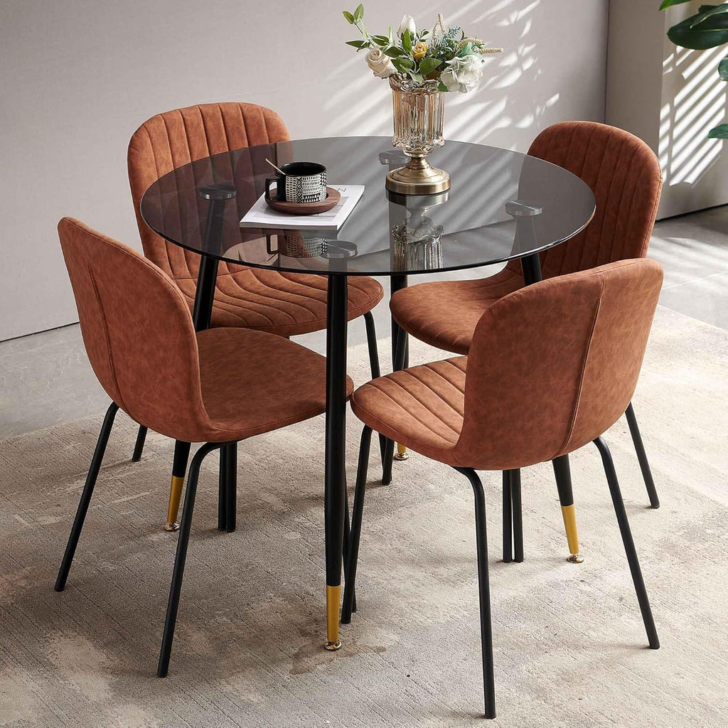 Set of 4 Dining Kitchen Mid-Century Modern Chairs with Metal Legs and PU Leather Cushion for Dining Room, Living Room, Brown