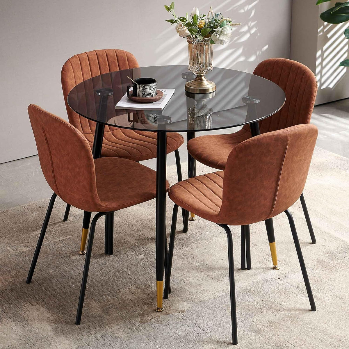 Set of 4 Dining Kitchen Mid-Century Modern Chairs with Metal Legs and PU Leather Cushion for Dining Room, Living Room, Brown