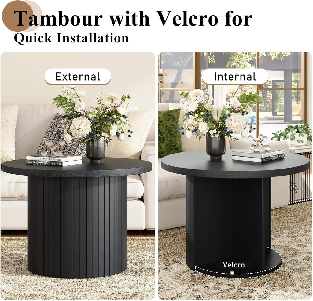LUXOAK Nesting Coffee Table Set of 2, Mid Century Modern Round Coffee Tables, Wood Slat Side Table Set for Living Room, Office, Balcony, Textured Black