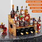 KLM 4-Tier Wood Display Shelf, Black Modern Bottle Organizer, Countertop Bar Stand for Liquor, Coffee Syrup, (Brown)