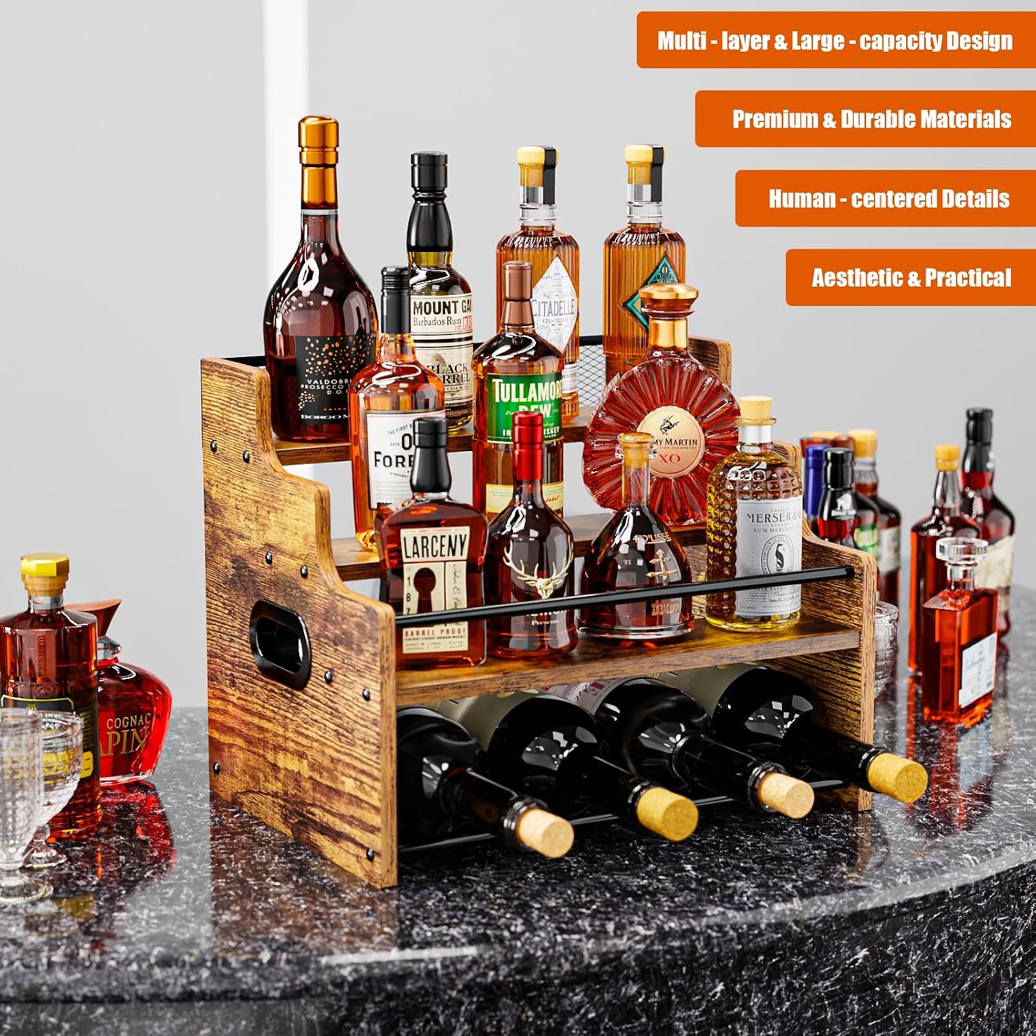 KLM 4-Tier Wood Display Shelf, Black Modern Bottle Organizer, Countertop Bar Stand for Liquor, Coffee Syrup, (Brown)