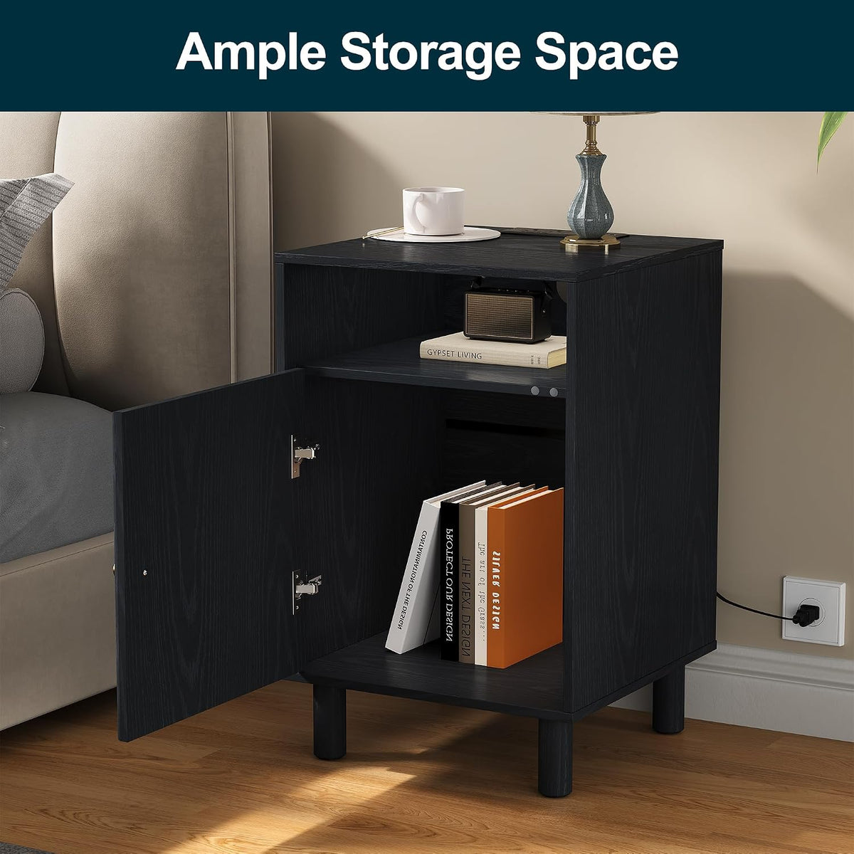 RoyalCraft Black Nightstand with Charging Station, End Table with Storage | Mid-Century Modern End Table for Living Room, Side Table with Solid Wood Legs, Bedside Table for Bedroom, Entryway