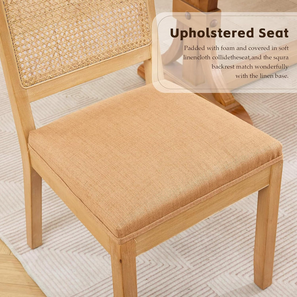 Rattan Dining Chairs Set of 4, French Country Cane Back Upholstered Kitchen Chairs, Solid Wood Farmhouse Side Chairs, Brown