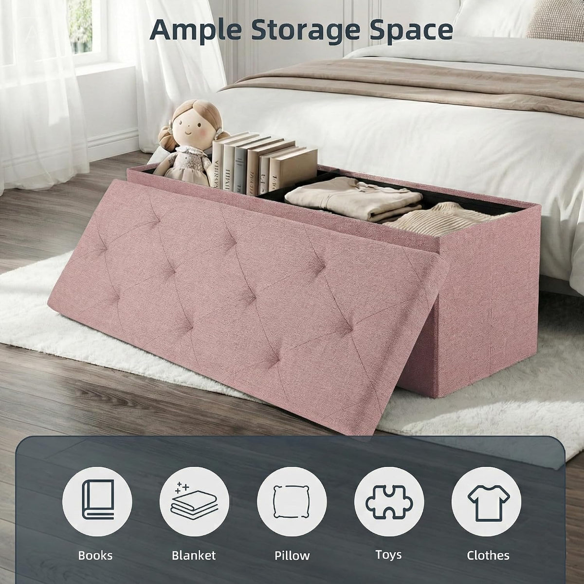 Foldable Storage Ottoman Bench, Storage Chest, End of Bed Foot Rest Stool with Padded Seat, 43 Inch Bedroom Bench for Living Room, Support 660lbs, Pink