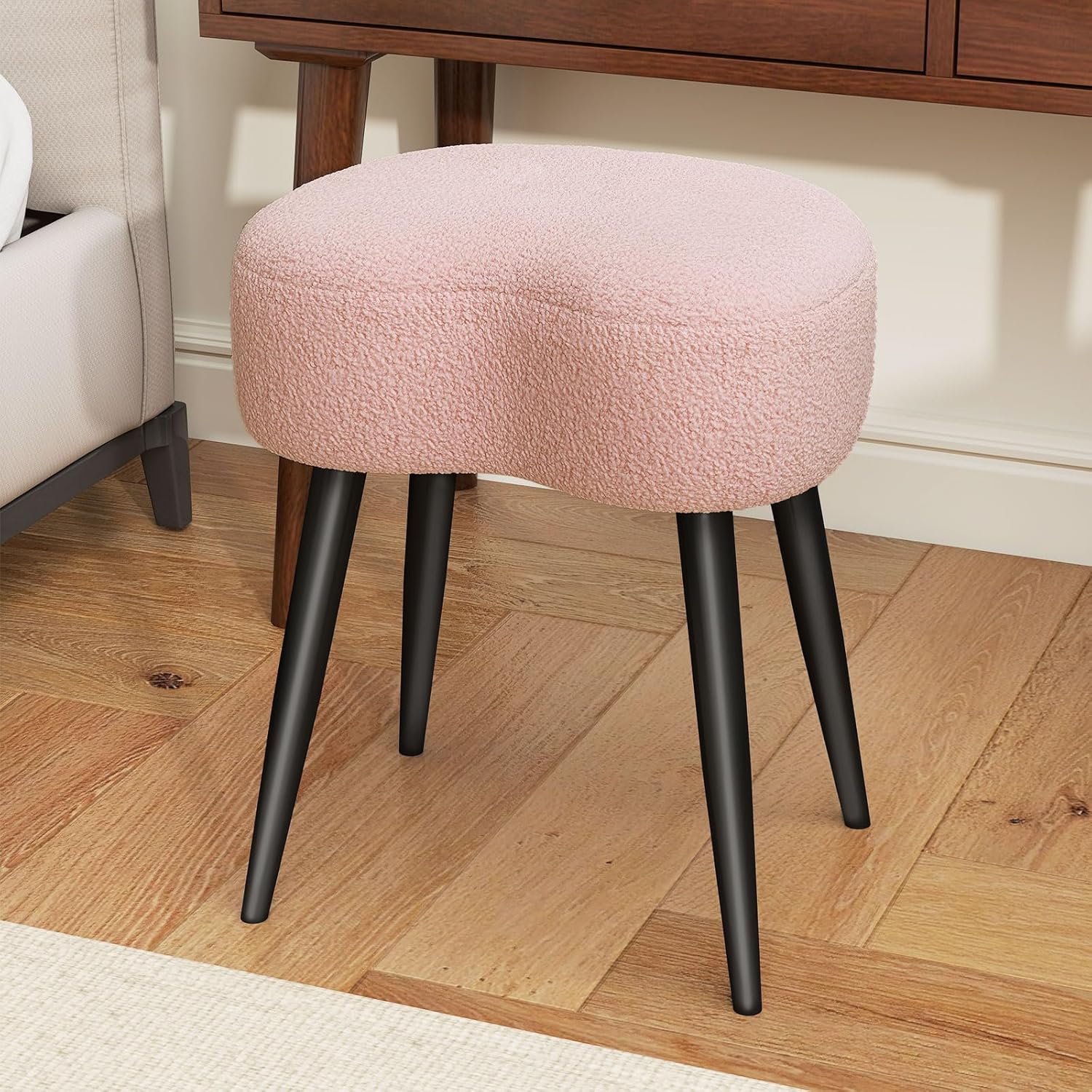 Teddy Velvet Vanity Stool, Upholstered Makeup Chair with Sturdy Metal Legs, Soft Padded Ottoman Footrest, Modern Accent Stool for Bedroom, Living Room, Entryway (Pink, 17.7in H)