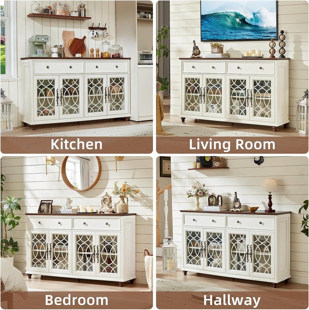 Joaxswe Farmhouse Sideboard Buffet Cabinet with Storage,59" Large Credenza with 4 Glass Doors & 2 Drawers, Wood Kitchen Coffee Bar, Adjustable Shelves Console Table for Dining Room,Living Room,White