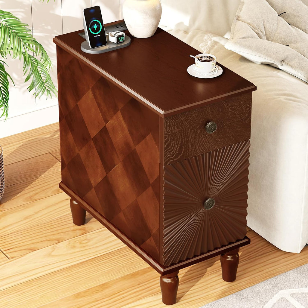 KEIKI Narrow End Table with USB Ports & Outlet, Wooden 2 Drawer Sofa Side Table, Small Corner Nightstand Bedside Tables, Coffee Drink Table for Living Room & Bedroom, Easy Assembly, Brown