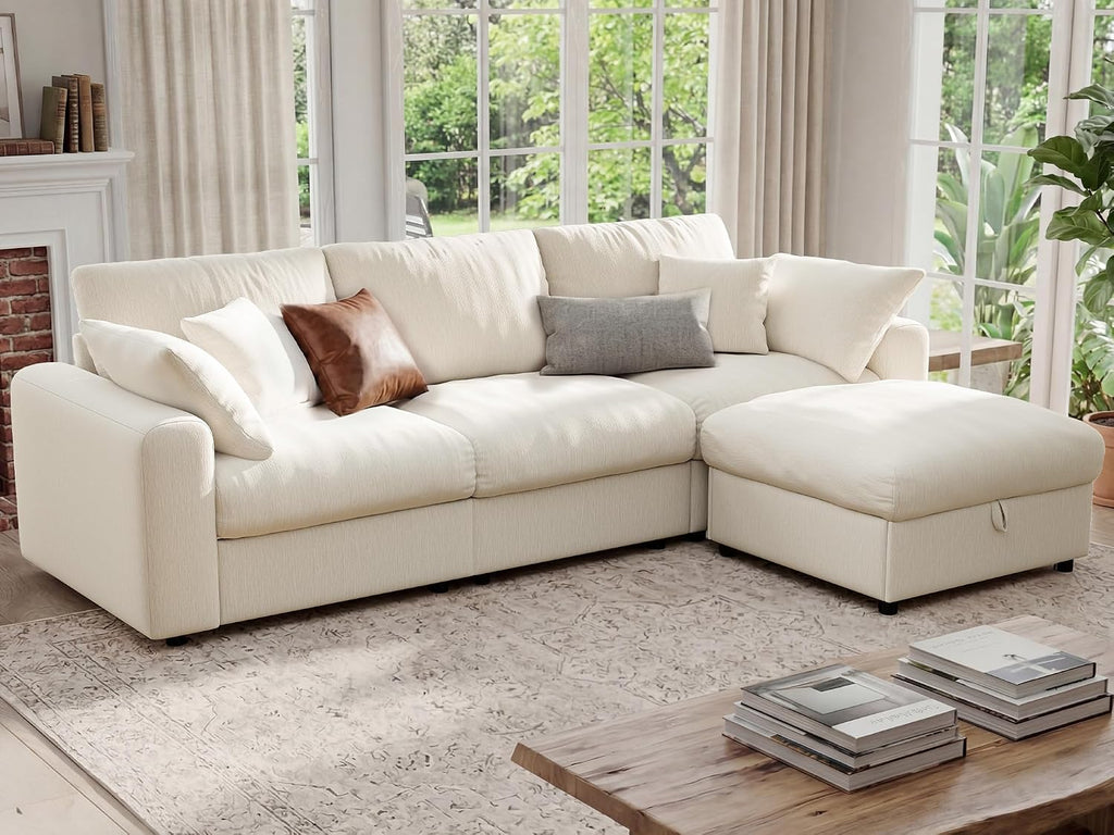 Ihanherry Cloud Sectional Couches for Living Room, 110" Large Modular Sectional Sofa with Wide Deep Seat, L Shaped Couch with Throw Pillow and Storage Ottoman, Beige