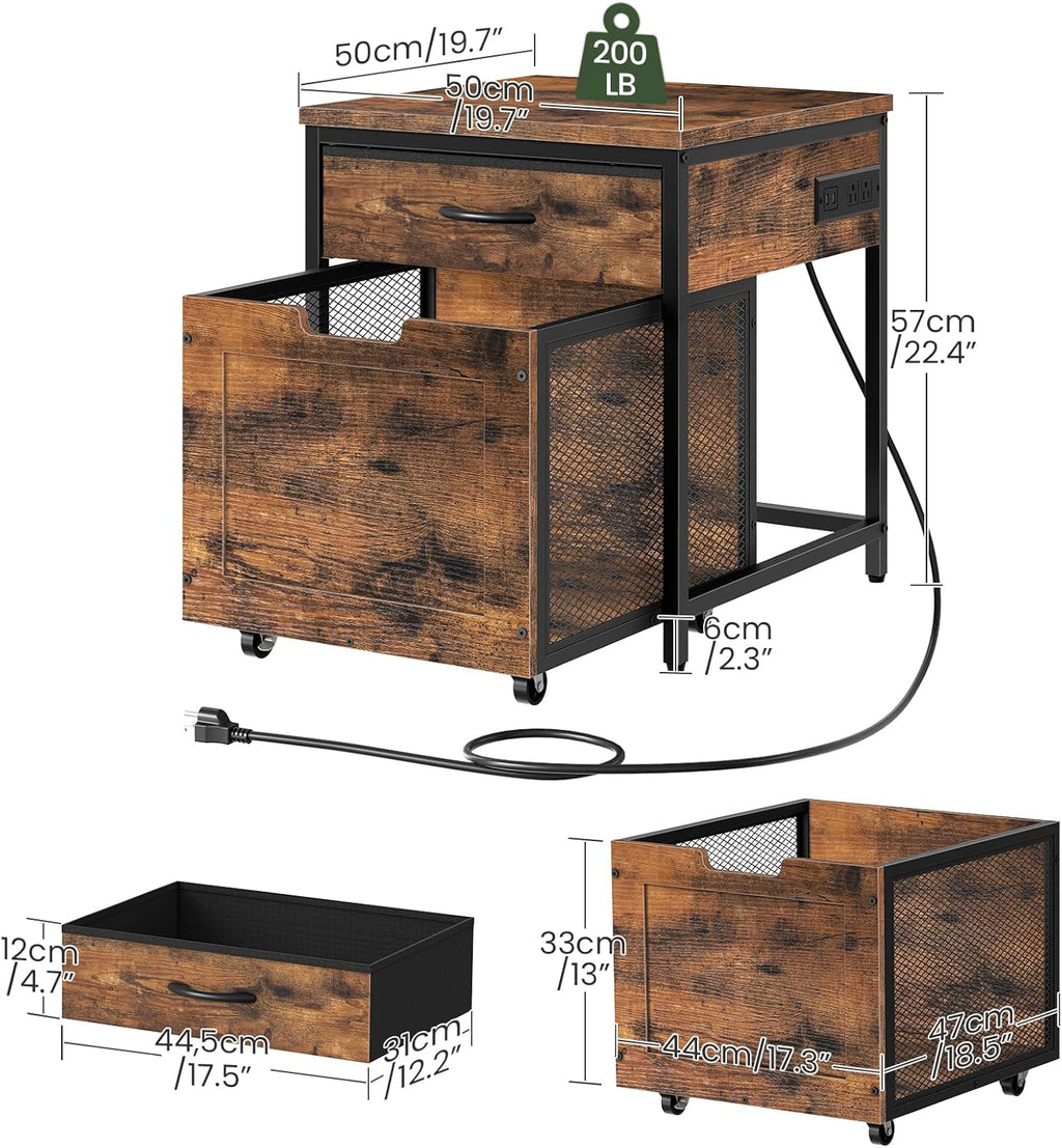 CHOEZON Mini Fridge Stand with Power Outlet, Large Side Table with 2AC and 2 USB Ports, Mobile Beverage Cart with Fabric Drawer for Dorm, Kitchen, Living Room, Rustic Brown and Black TBZ56UBF