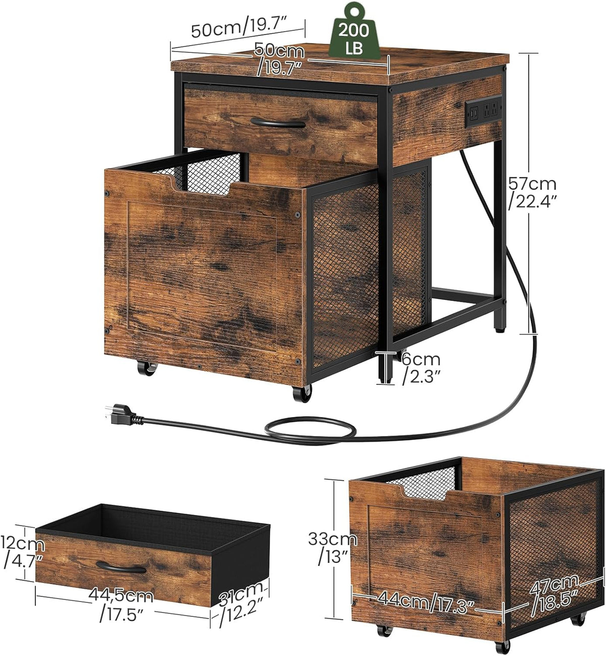 CHOEZON Mini Fridge Stand with Power Outlet, Large Side Table with 2AC and 2 USB Ports, Mobile Beverage Cart with Fabric Drawer for Dorm, Kitchen, Living Room, Rustic Brown and Black TBZ56UBF