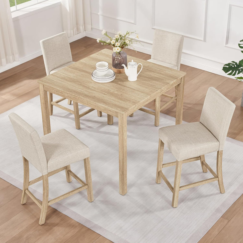 RuiSiSi 5-Piece Counter Height Dining Table Set, Square Dining Table White with 4 Upholstered Chairs, Solid Wood Kitchen Table and Chairs Set for Kitchen, Light Oak + Beige