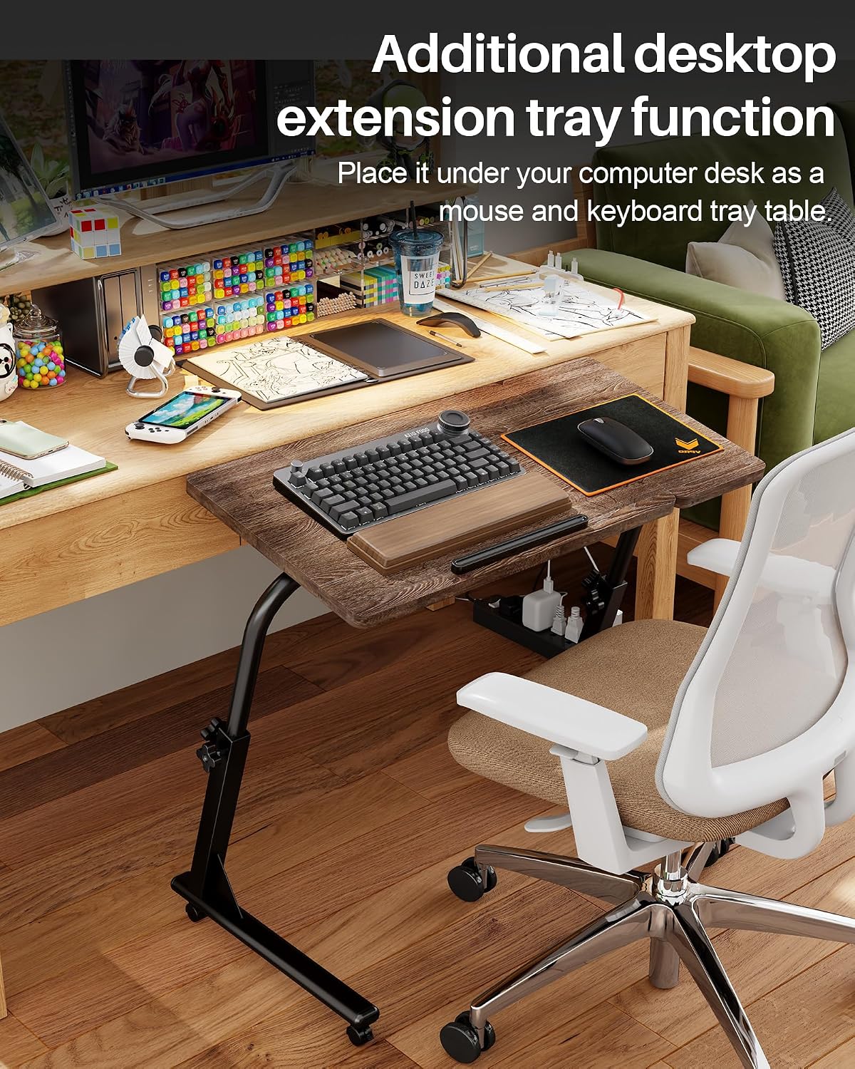 TV Tray Table with Wheels, Height Adjustable Folding Laptop Desk for Sofa | TV Dinner Trays for Eating on Couch, Mobile Sofa Side Table with Tilt Top, Portable Snack Desk for Couch, Bed and Recliner