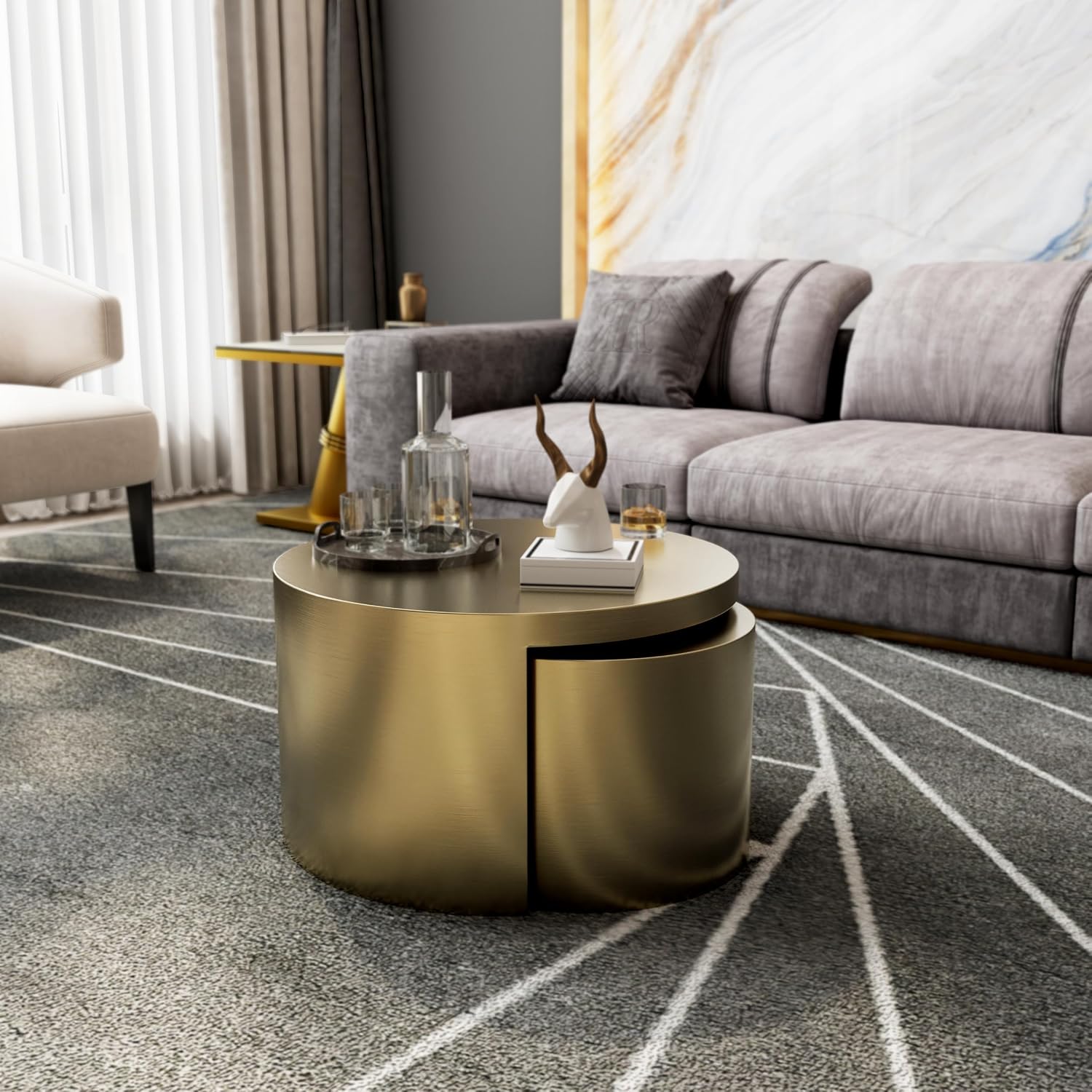 BQueen Round Nesting Coffee Table Set of 2, Brushed Gold Stainless Steel Modern Coffee Tables, 2 in 1 Space Saving Stackable Accent Tables for Living Room, Small Space Apartment