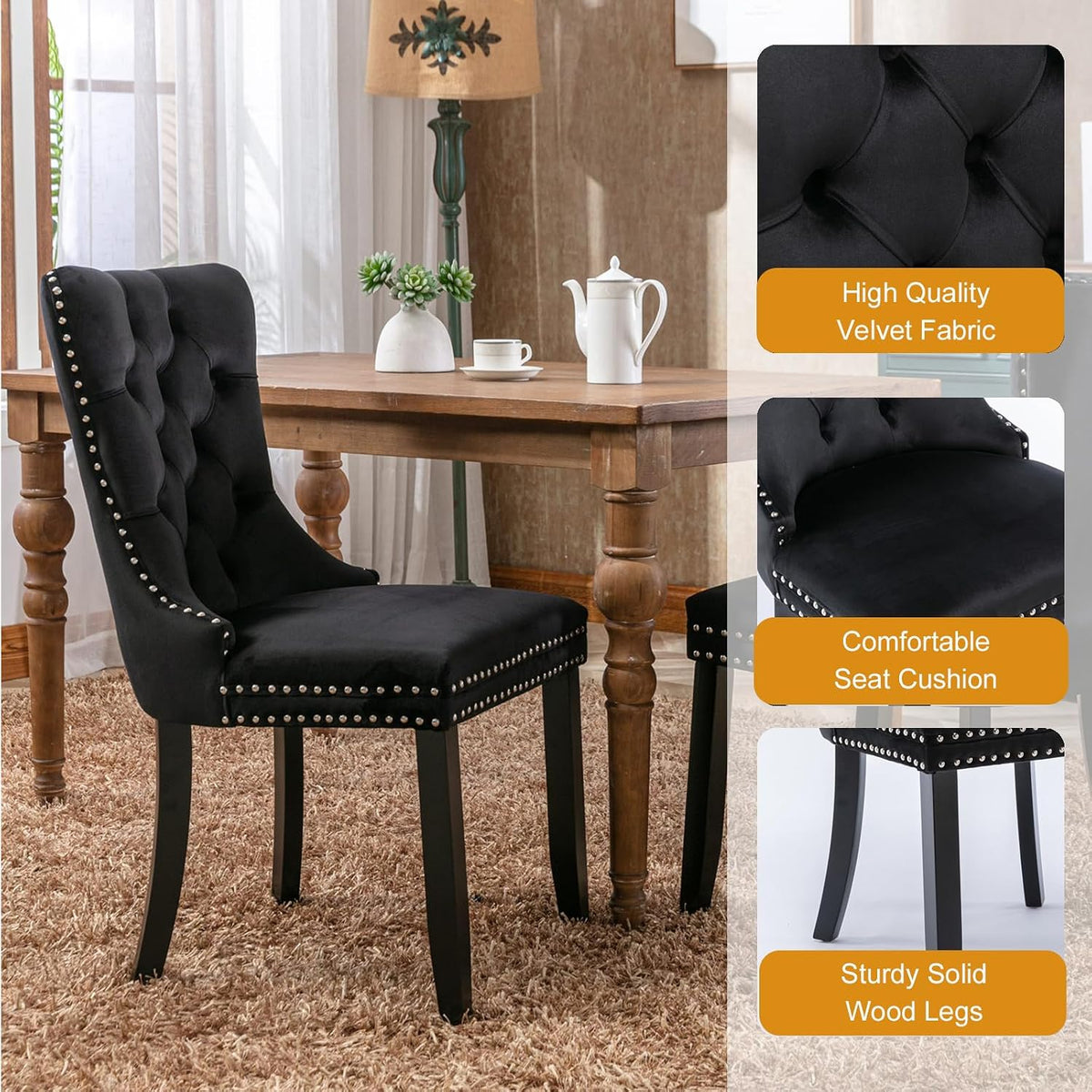 Dining Table Set for 4, Round Glass Kitchen Table with 4 Black Upholstered Velvet Accent Chairs, 5-Piece Modern Dining Room Set for Kitchen, Apartment, Small Spaces