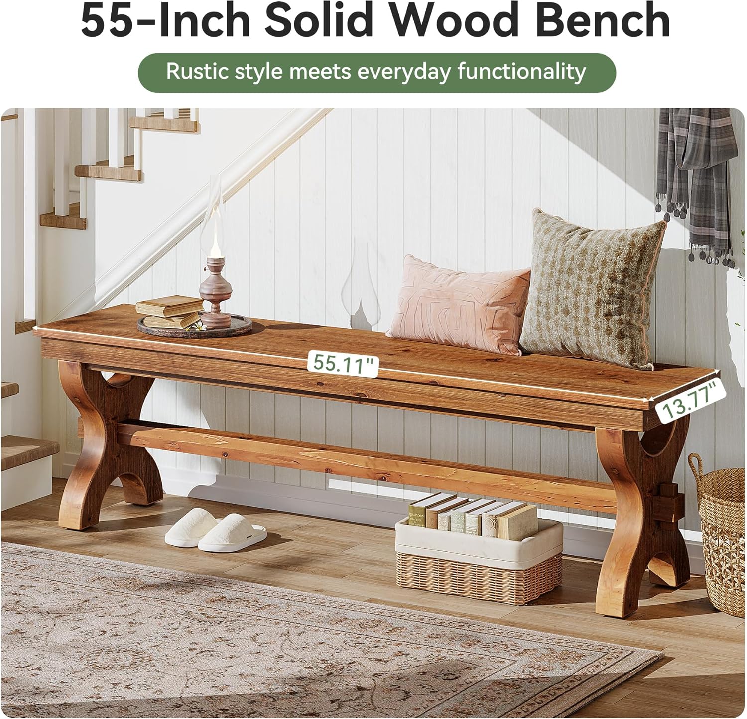 Solid Wood Dining Bench, 55-Inch Long Entryway Shoe Bench, Farmhouse Indoor Seat for Dining Room, Living Room, Hallway, Brown (1, Brown)