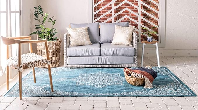 Unique Loom Outdoor Traditional Collection Area Rug - Antique (6' 1" x 9' Rectangle, Teal/ Gray)