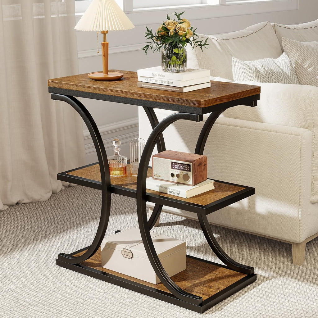 BECHAEO 24" End Tables Living Room, Industrial 3-Tier Small Side Table with Storage Shelves, Wood Sofa Table with Geometric Metal Frame, Multi-Functional Nightstand for Bedroom