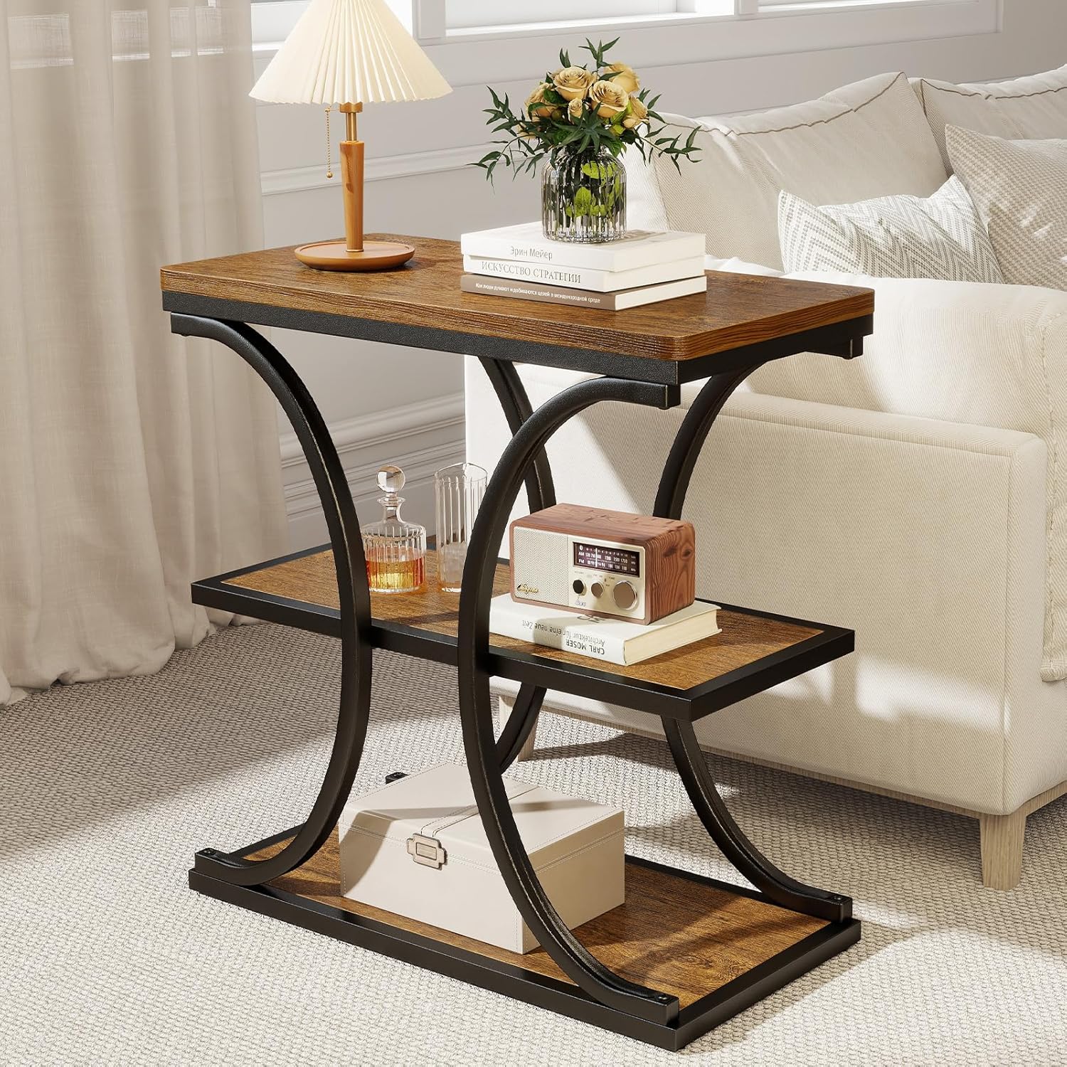 BECHAEO 24" End Tables Living Room, Industrial 3-Tier Small Side Table with Storage Shelves, Wood Sofa Table with Geometric Metal Frame, Multi-Functional Nightstand for Bedroom