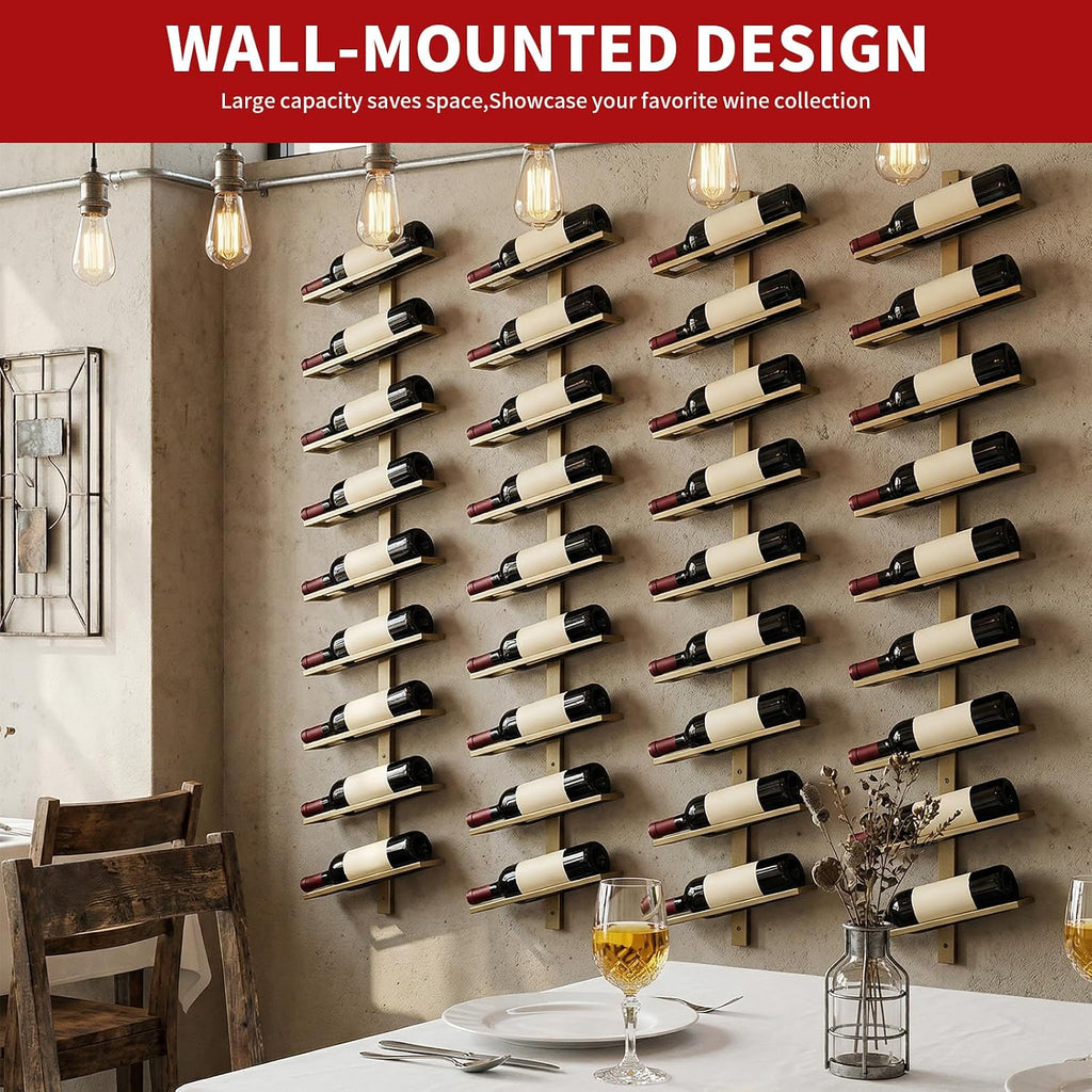 60-Bottle Wall Mounted Wine Rack, 5 Pack Modular Metal Wine Holder, Detachable DIY Wine Storage Rack, Wall Wine Bottle Display for Kitchen Dining Room Pantry Bar (Gold)