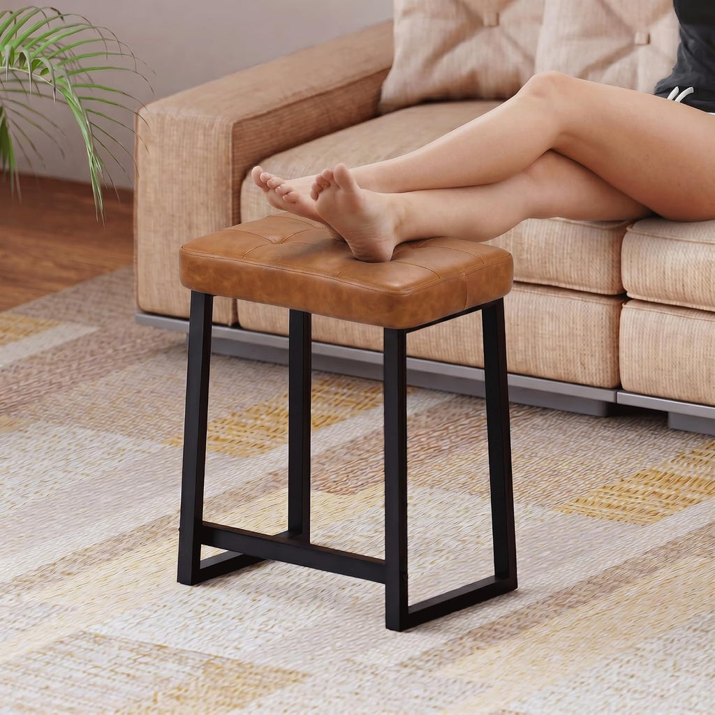 Vanity Bar Stool Chair, Makeup Stool Counter Height Stools,Small Ottoman Footrest for Living Room, Bathroom, Bedroom, Offices，Leather &Metal Legs with Anti-Slip Feet,Rustic Brown