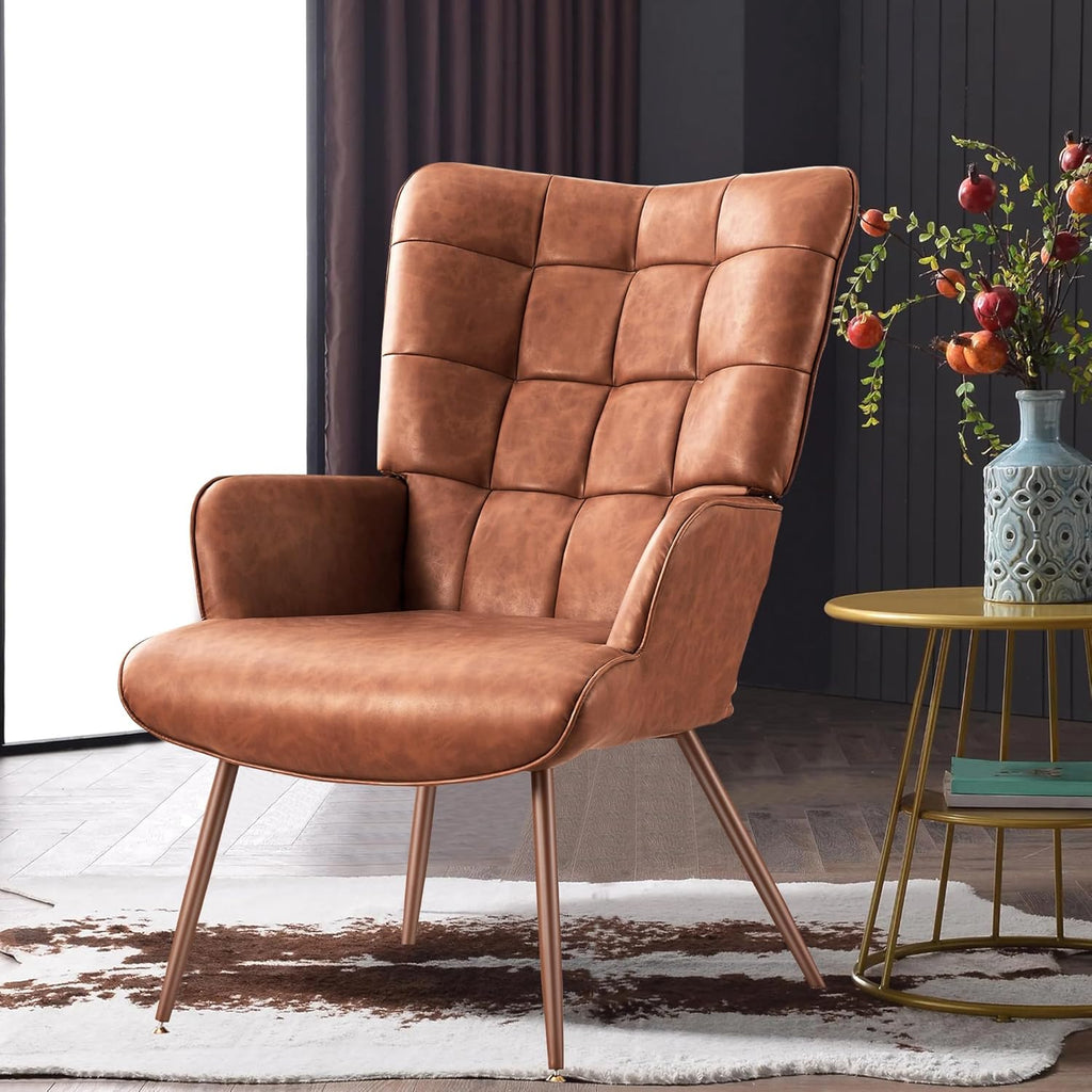 Kosydown PU Leather Wingback Accent Chair with High Back & Tufting, Brown | Comfortable single seating high back armchair with elegant tufted leather for living room, bedroom, office & reading room.