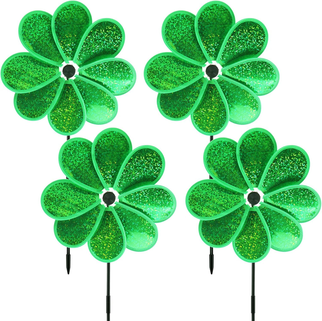 4PCS Flower Wind Spinner Sparkly Lawn Pinwheel 11.8 inch Green Garden Windmill for Christmas Garden, Party, Outdoor,Yard Decor
