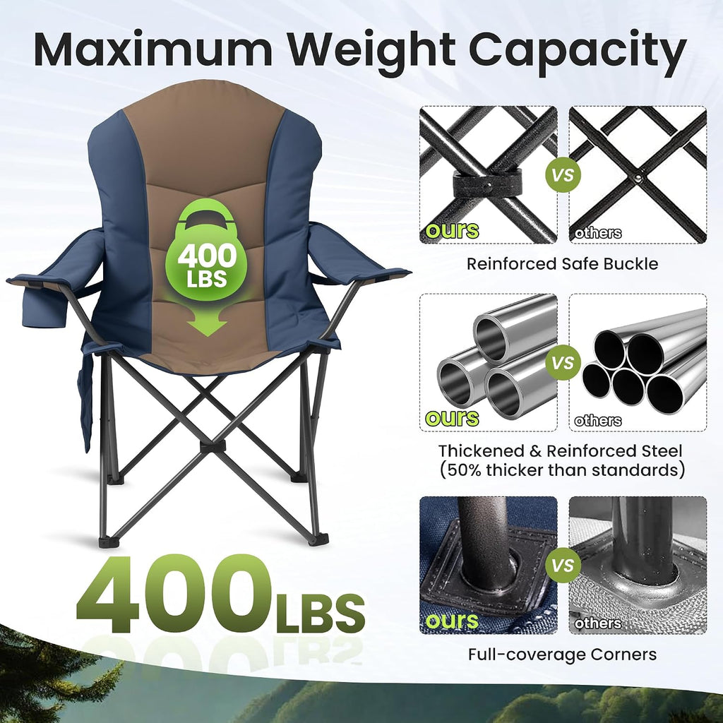 2 Pack Folding Camping Chairs for Adults - High Back Padded Outdoor Lawn Chairs with Lumbar Support & Cup Holder, 400lbs Heavy Duty Portable Camping Chairs Set (Light Blue & Brown, 2 PCS)