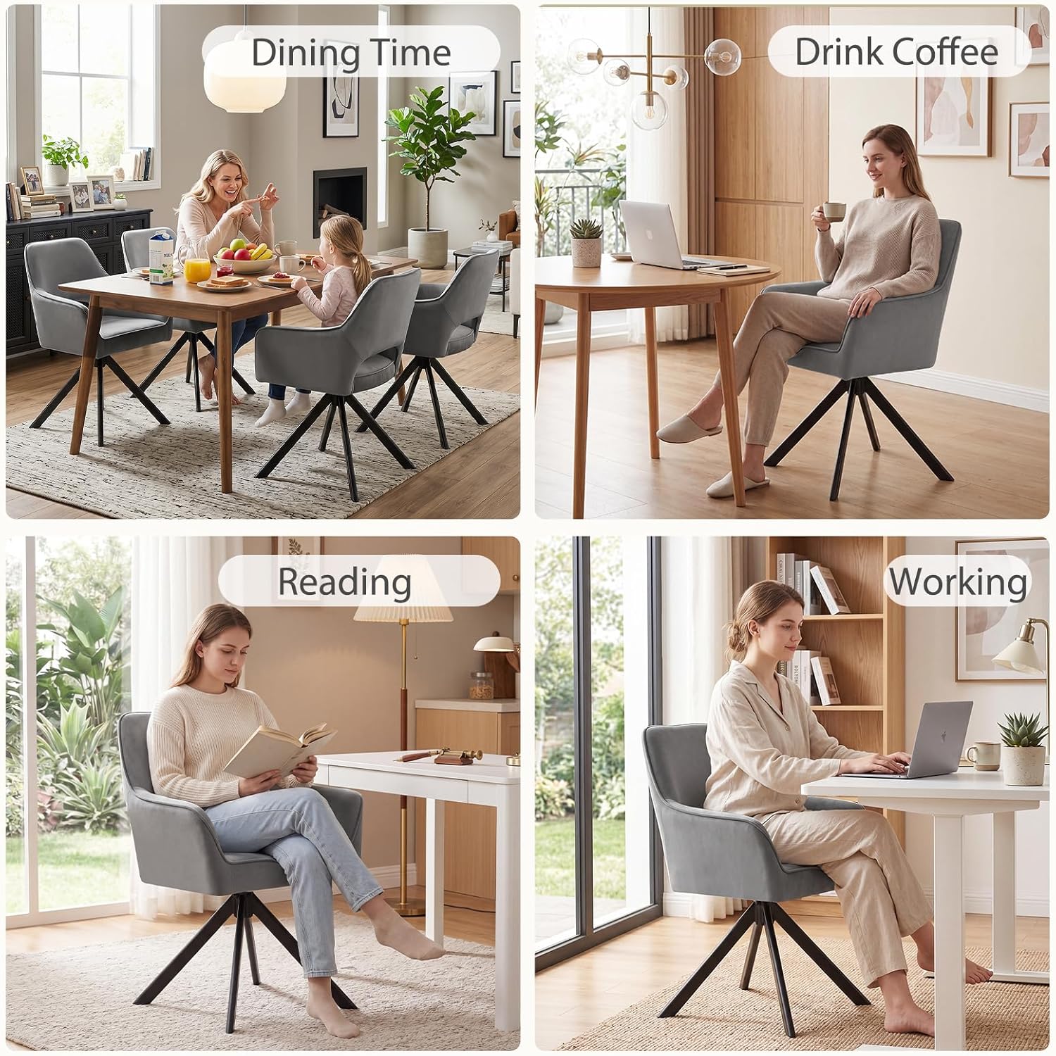 Furniliving Modern Swivel Dining Chairs Set of 2, Upholstered Chenille Dining Room Chairs with Thicken Cushion, 360° Rotating Kitchen Chairs with Metal Legs for Dining Room