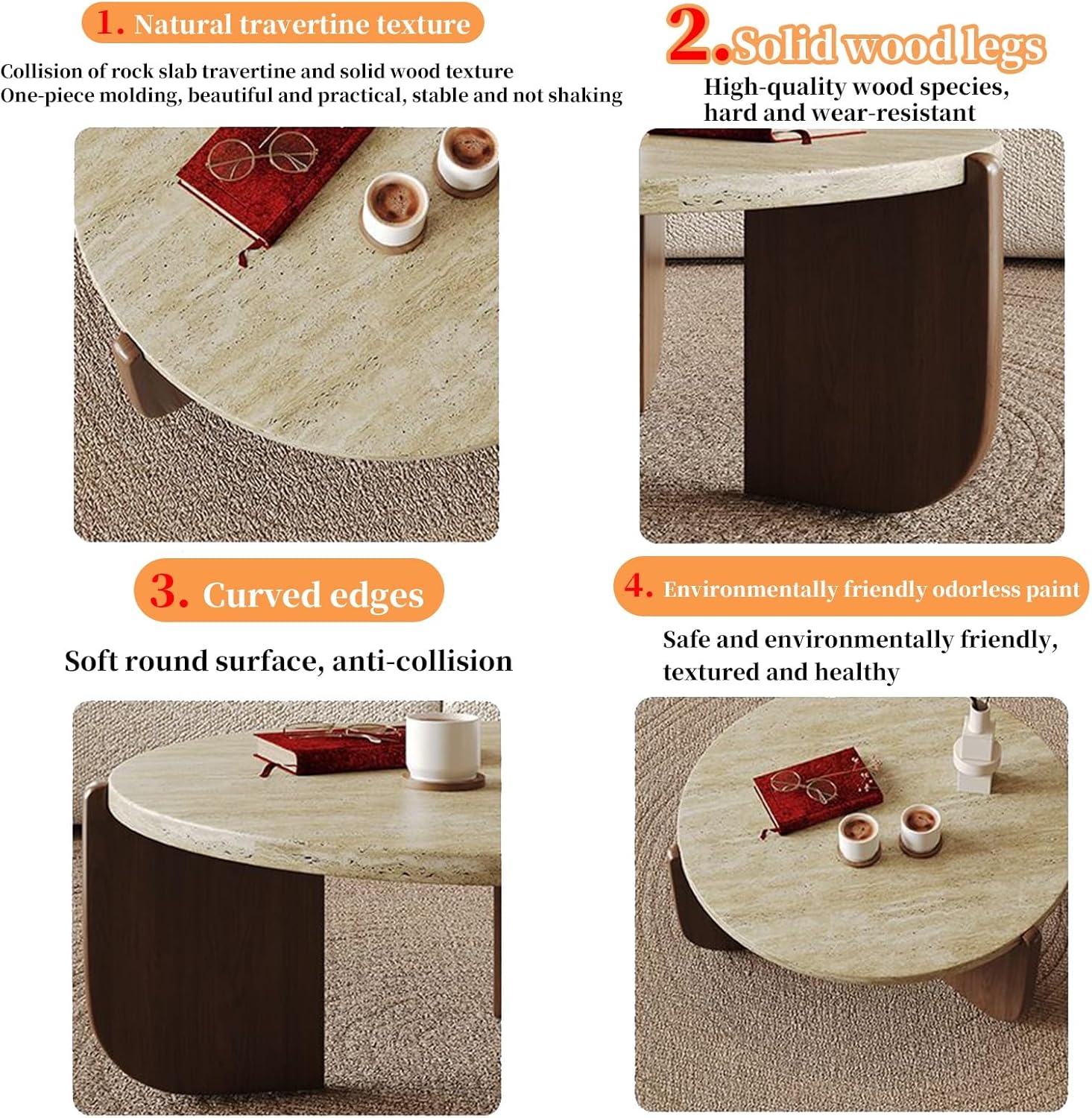 FORRTY Coffee Table,Sofa Table,End Tables, Slate Stone+Solid Wood, Sturdy And Durable,Waterproof And Scratch-resistant,Easy To Install,Suitable For Living Room,Bedroom, Study，balcony Other Spaces(Roun