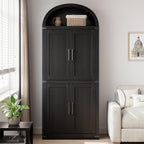 Takywep 71.6 Inch Tall Arched Pantry Cabinet with Doors, Farmhouse Storage Cabinet with Open Shelf and Metal Handles, 5 Tier Freestanding Bookcase for Kitchen Dining Room Living Room, Black