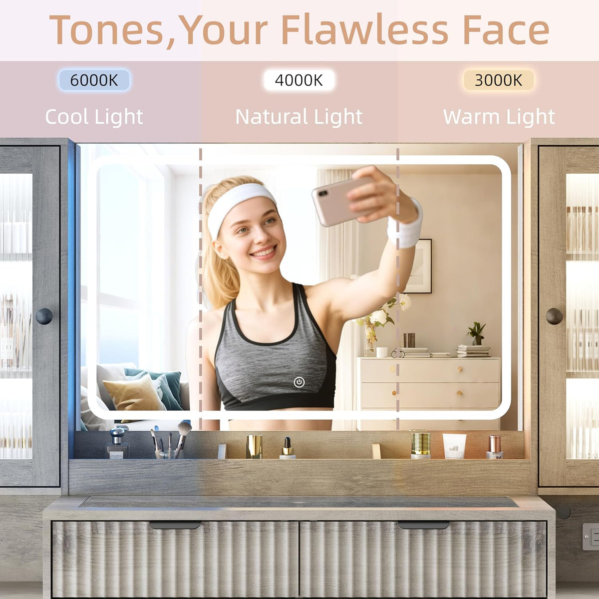 Fluted Vanity Desk with Mirror & Lights | 8 Drawers & 4 Cabinets, Tempered Glass Top, RGB Cabinet Lighting, 3-Color Dimmable Mirror, Charging Station
